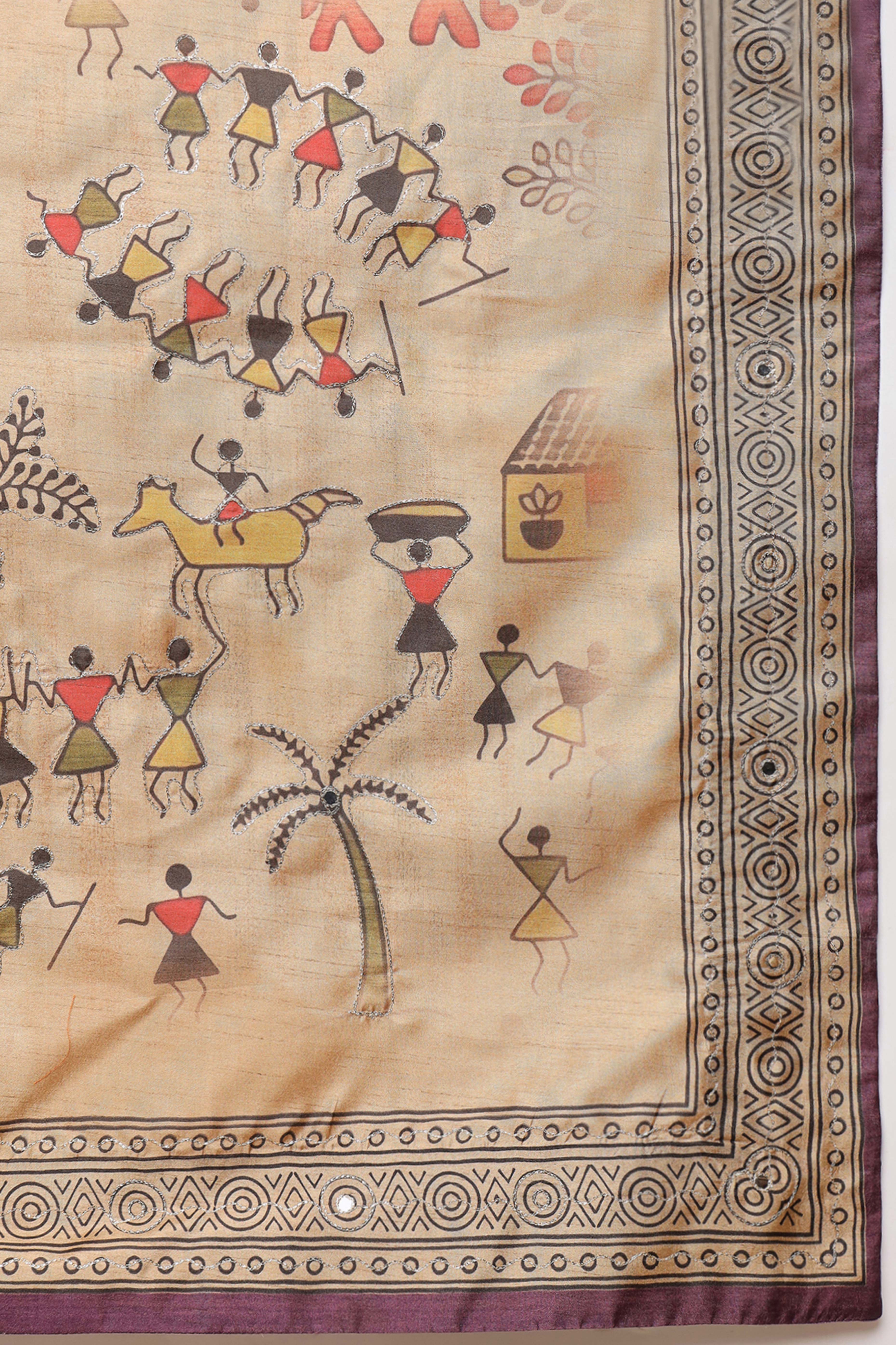 Wine Warli Folk Art Printed Cotton Silk Saree Flowy Drape Festive Wear - Image 9
