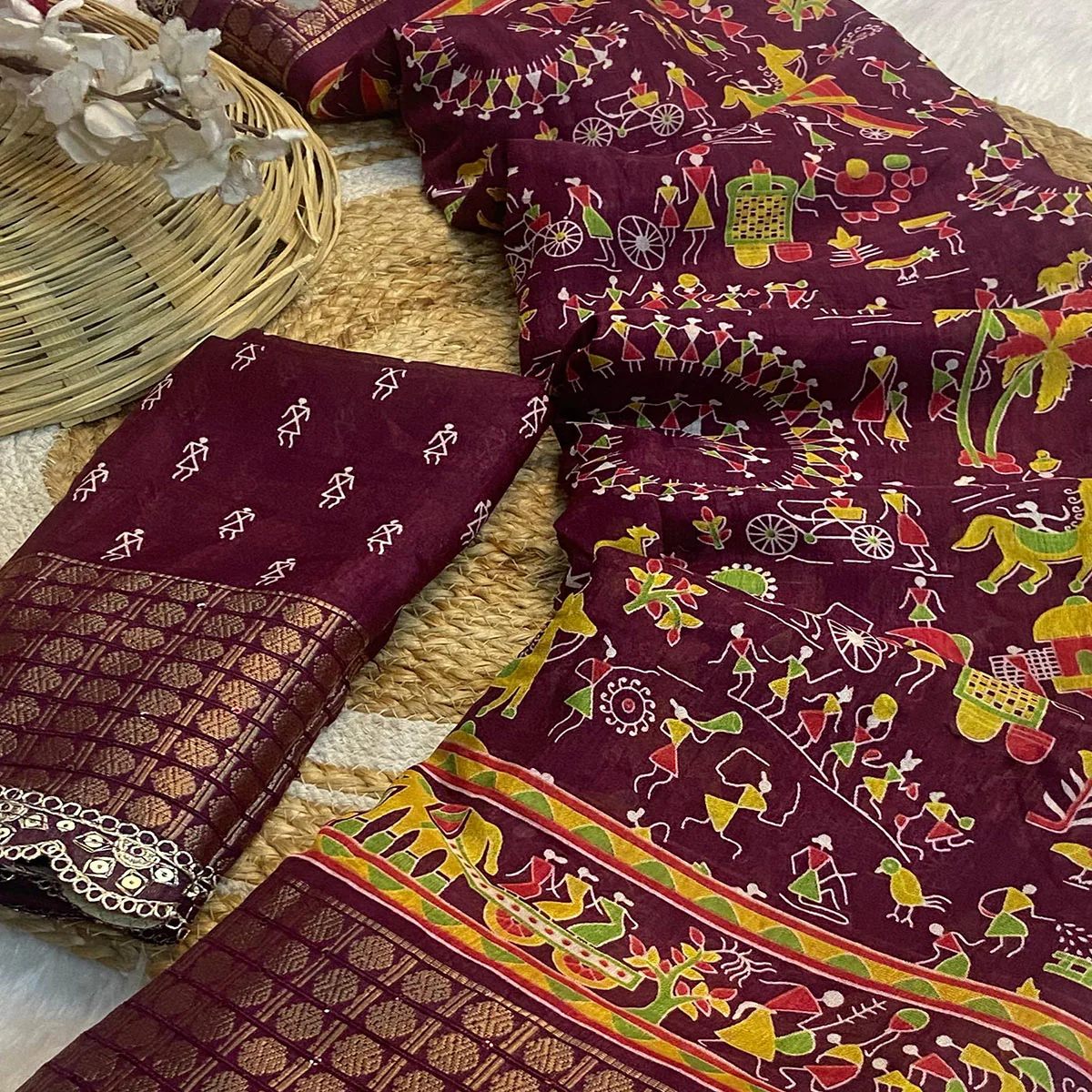 Wine Warli Printed Dola Silk Saree With Sequins Border - Image 2