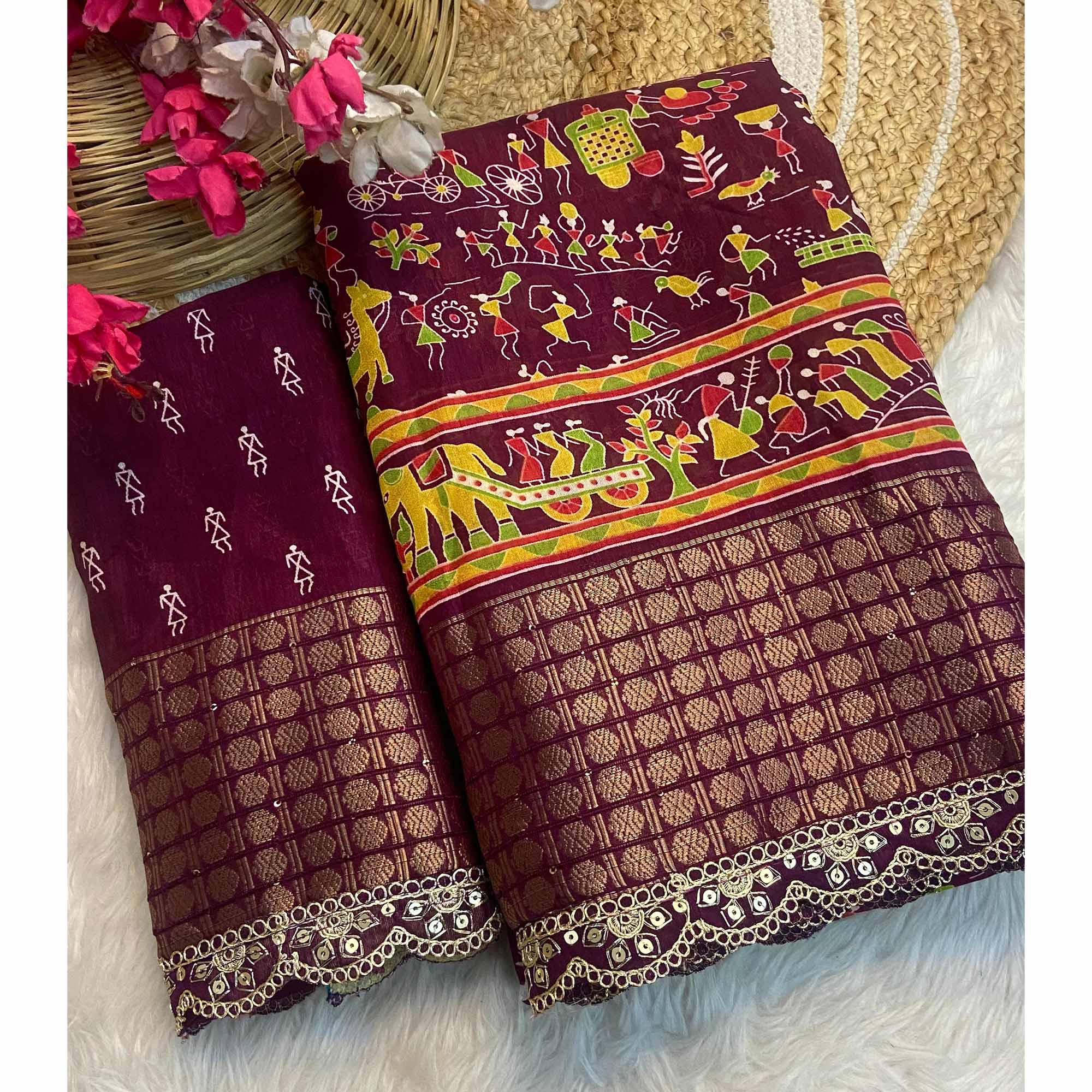 Wine Warli Printed Dola Silk Saree With Sequins Border - Image 3