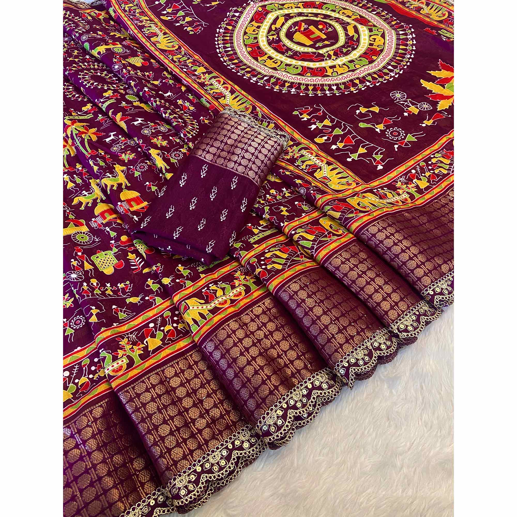 Wine Warli Printed Dola Silk Saree With Sequins Border - Image 4