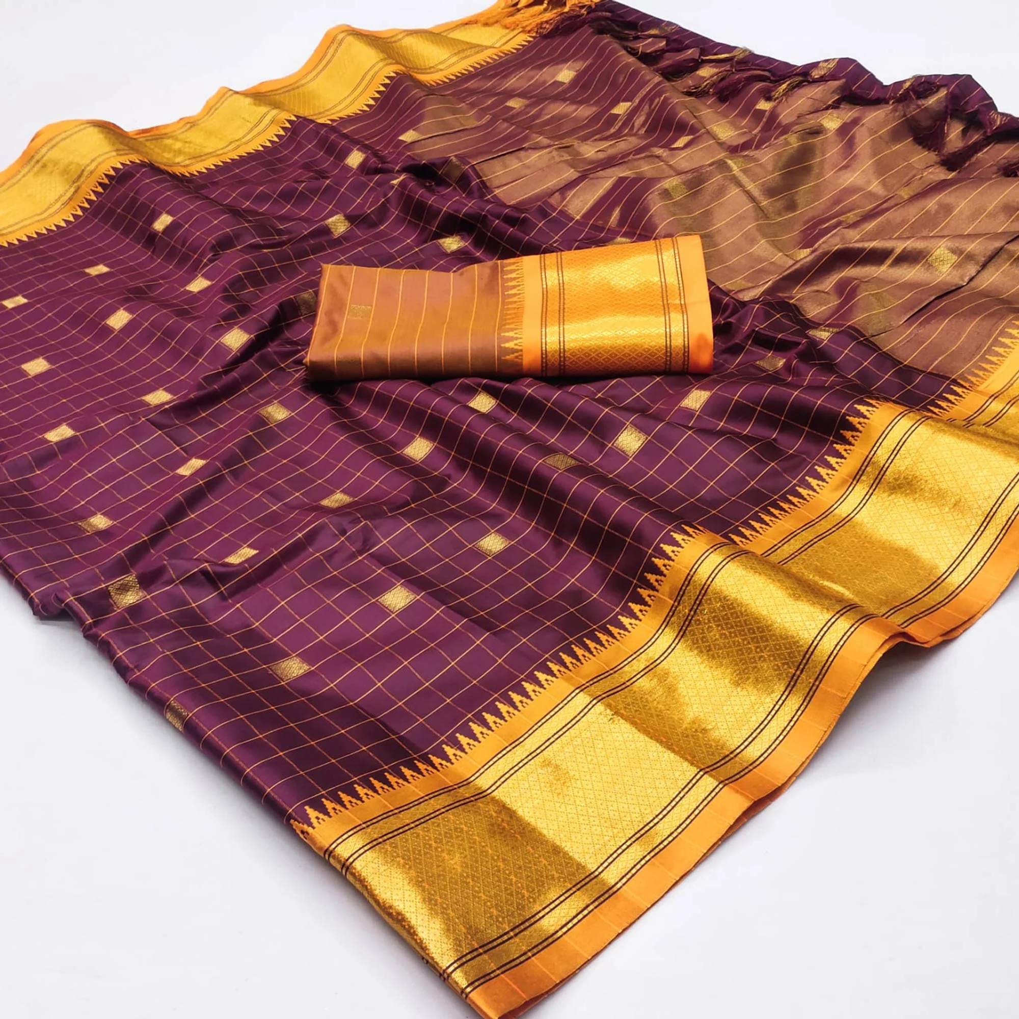 Wine Woven Cotton Silk Saree With Tassels - Image 3