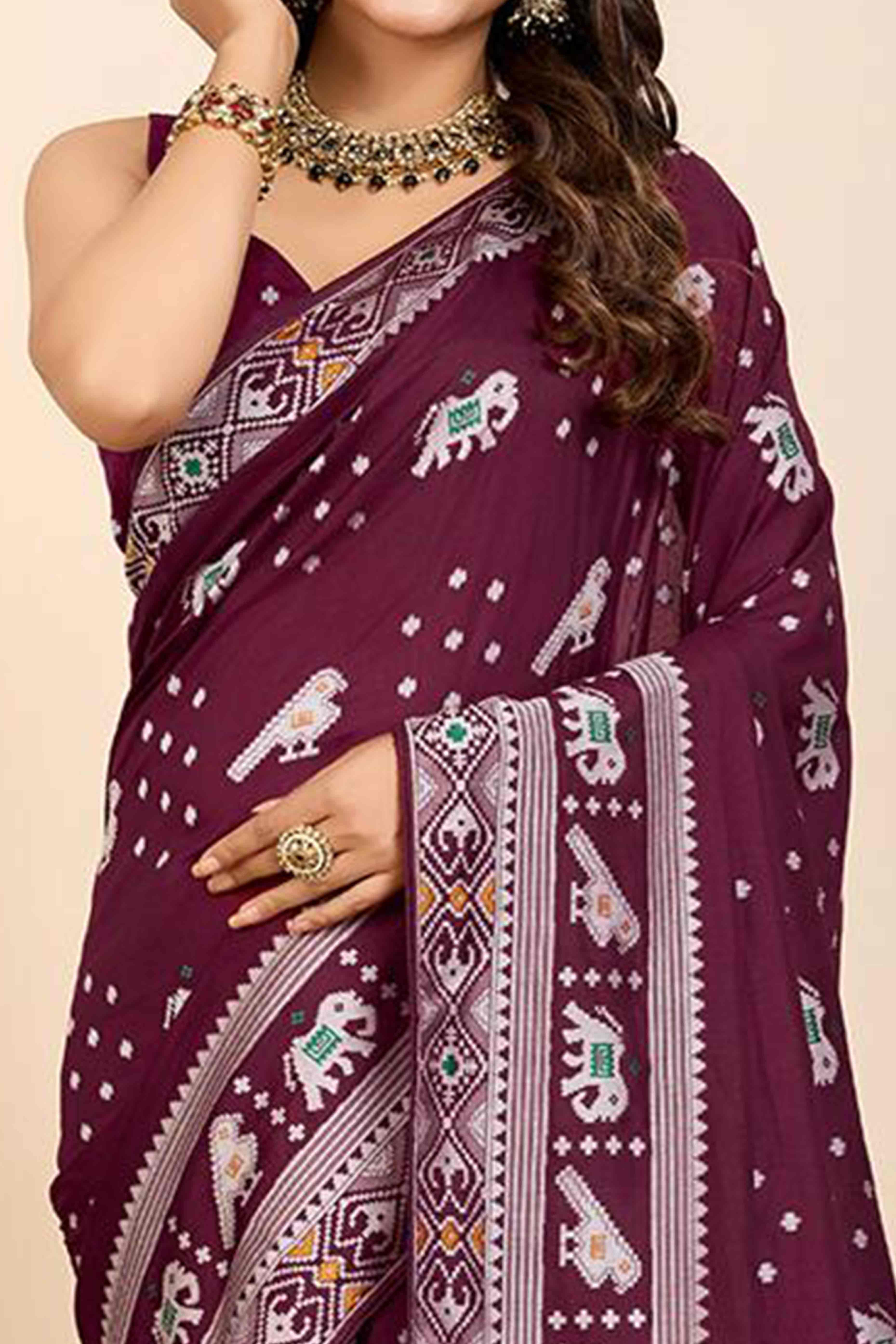 Wine Woven Dola Silk Patola Saree With Tassels - Image 2