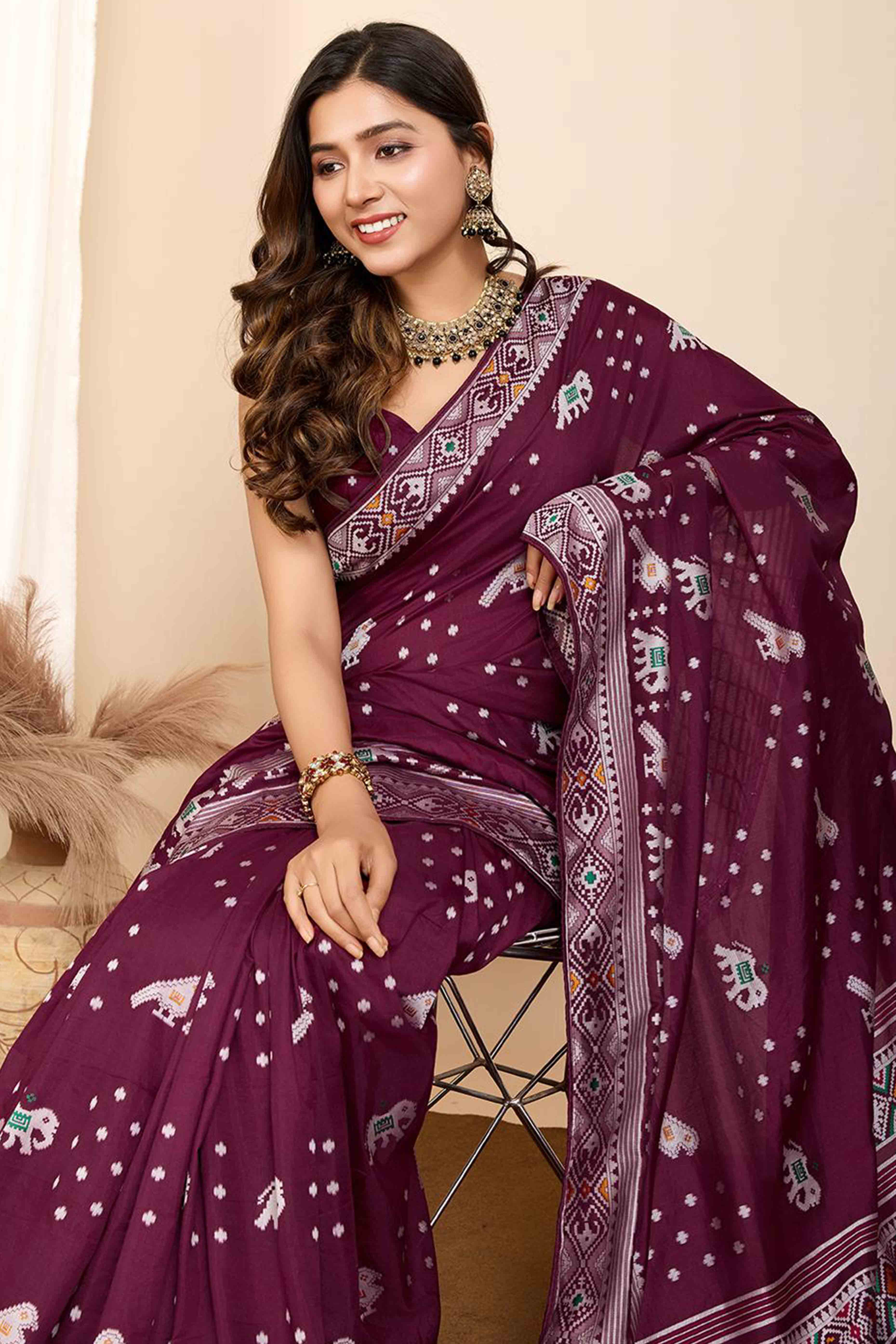 Wine Woven Dola Silk Patola Saree With Tassels - Image 3