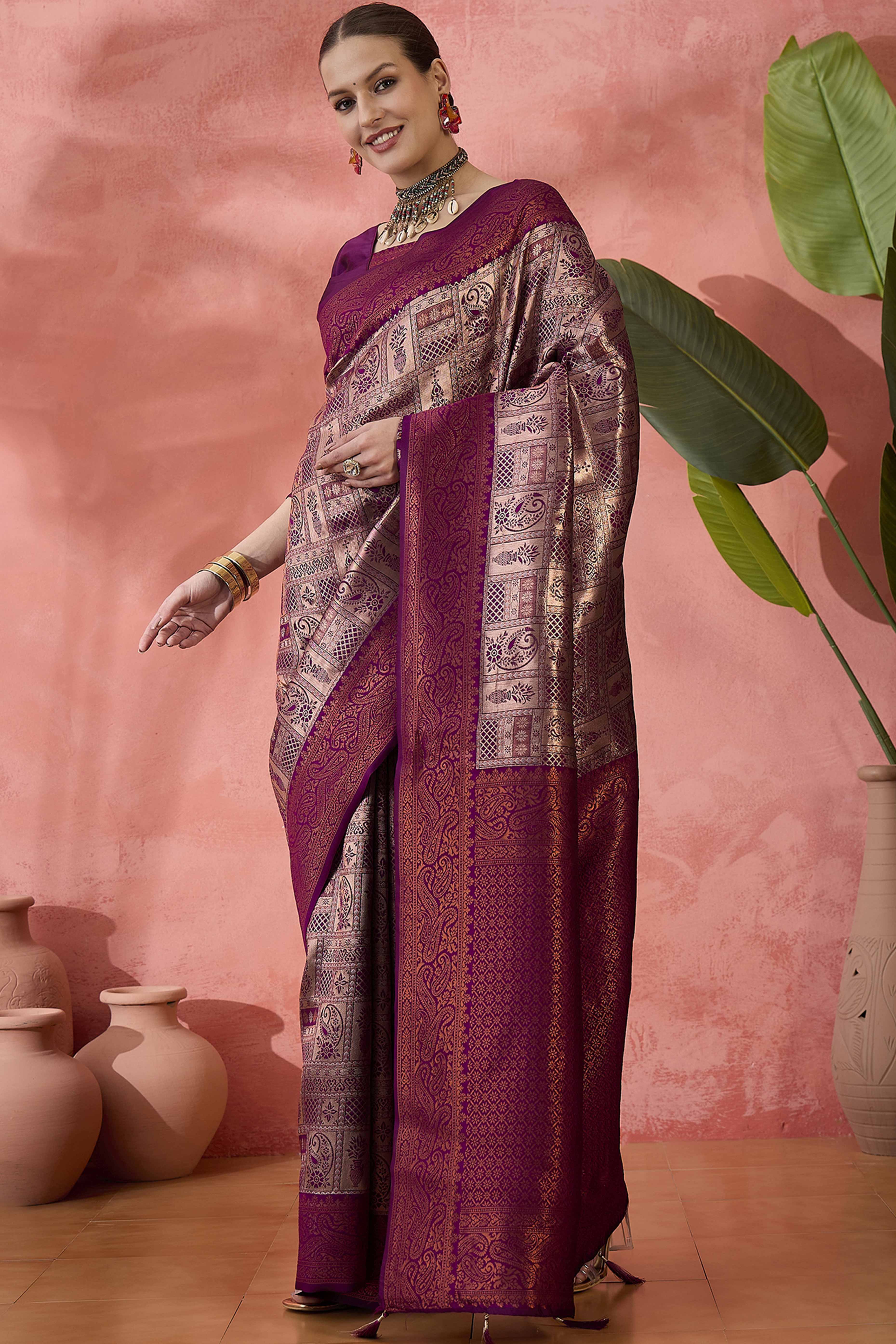 Wine Woven Poly Silk Blend Saree Featuring Floral & Paisley Motifs With Tassel Accents - Image 3