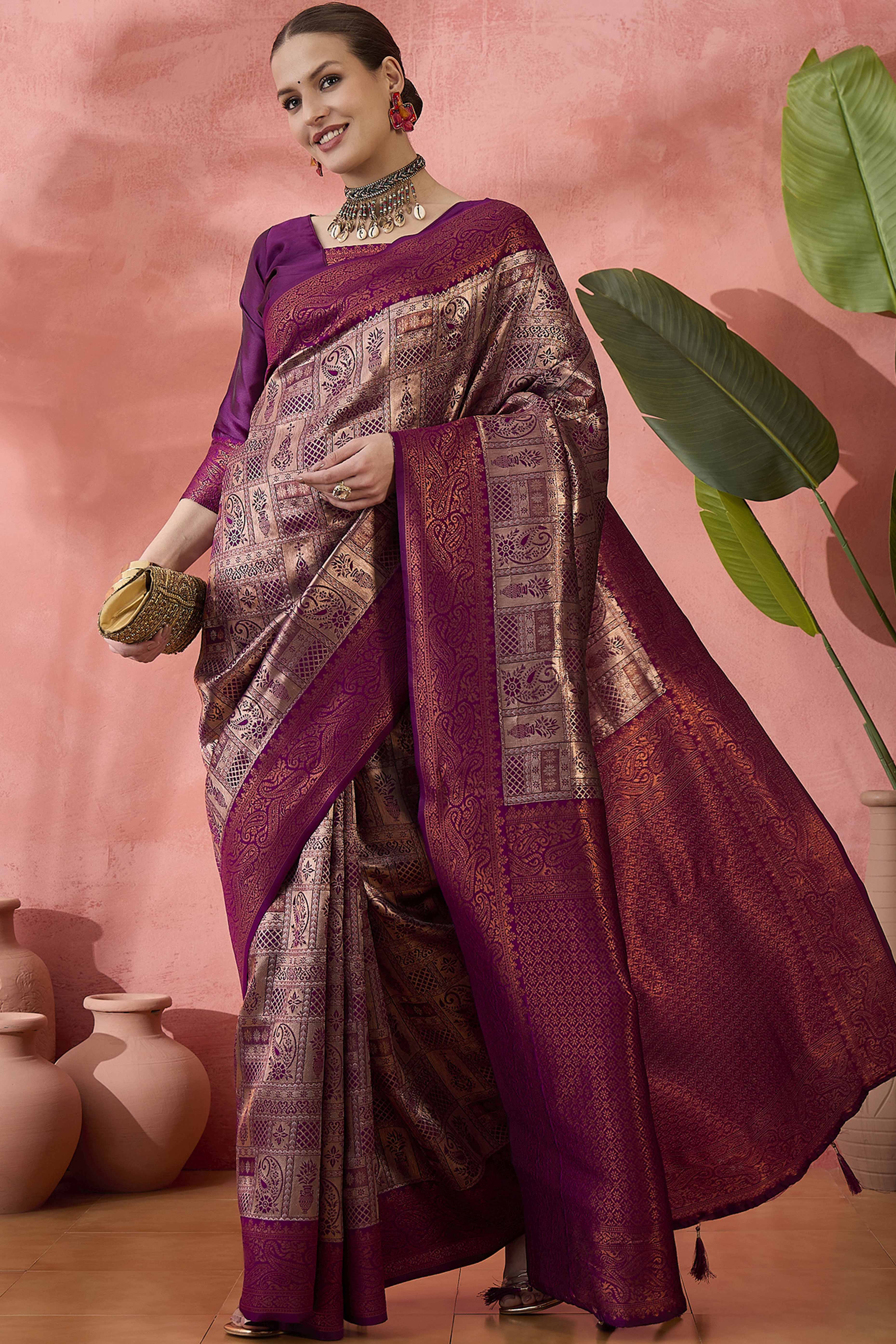 Wine Woven Poly Silk Blend Saree Featuring Floral & Paisley Motifs With Tassel Accents - Image 4