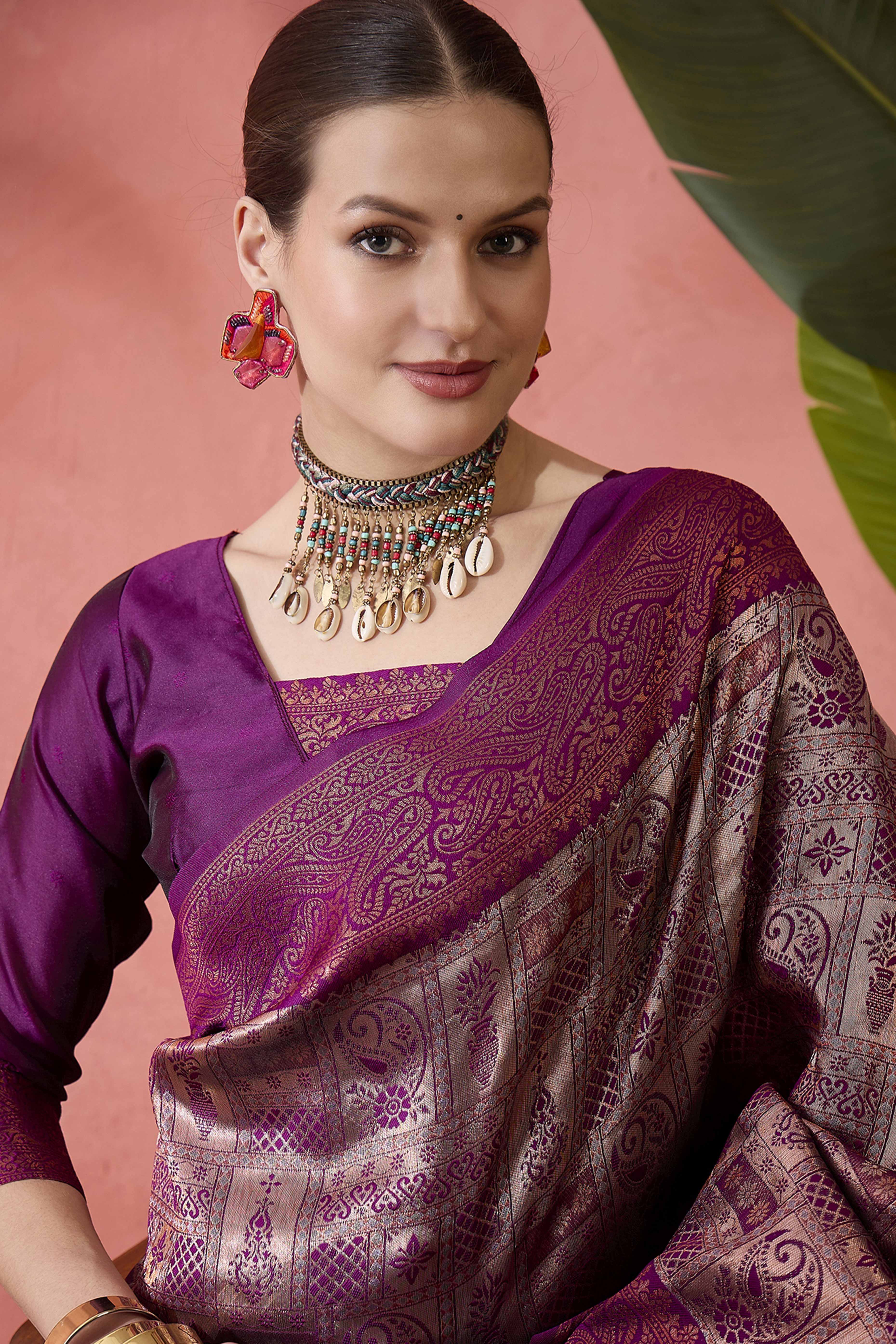 Wine Woven Poly Silk Blend Saree Featuring Floral & Paisley Motifs With Tassel Accents - Image 6