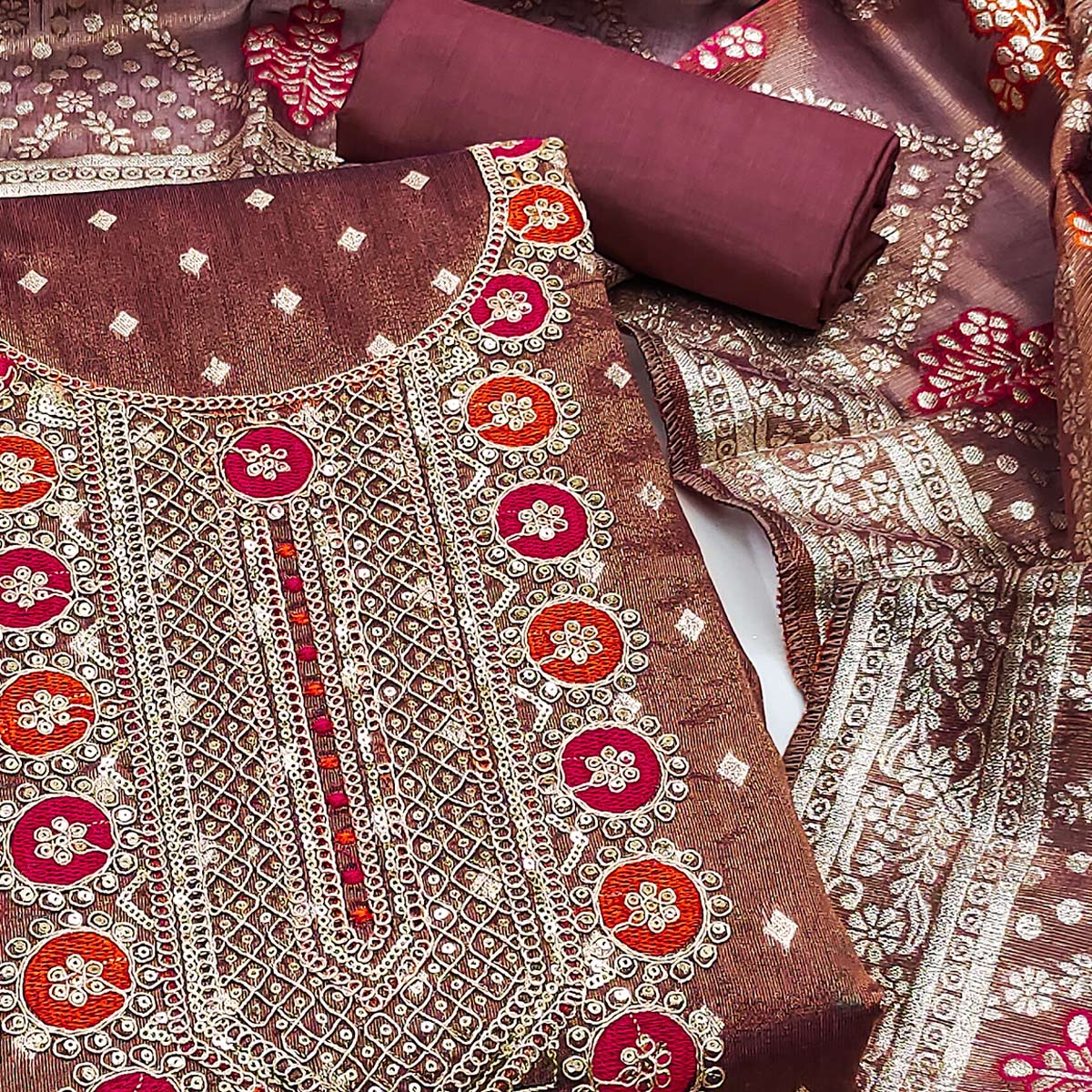 Wine Woven With Sequins Embroidered Simmer Cotton Silk Dress Material - Image 2