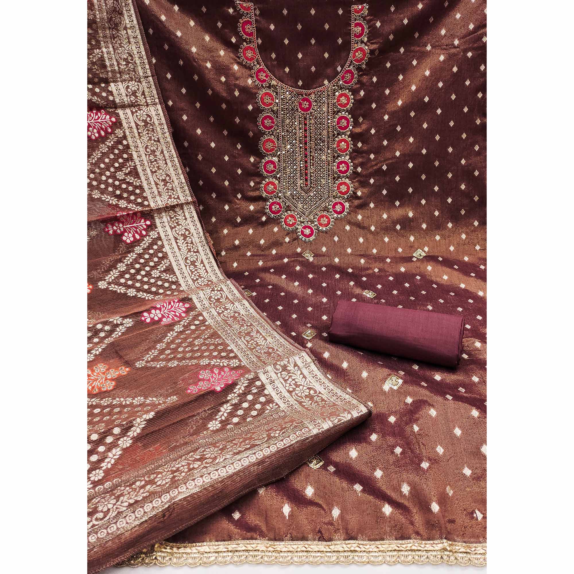 Wine Woven With Sequins Embroidered Simmer Cotton Silk Dress Material - Image 3