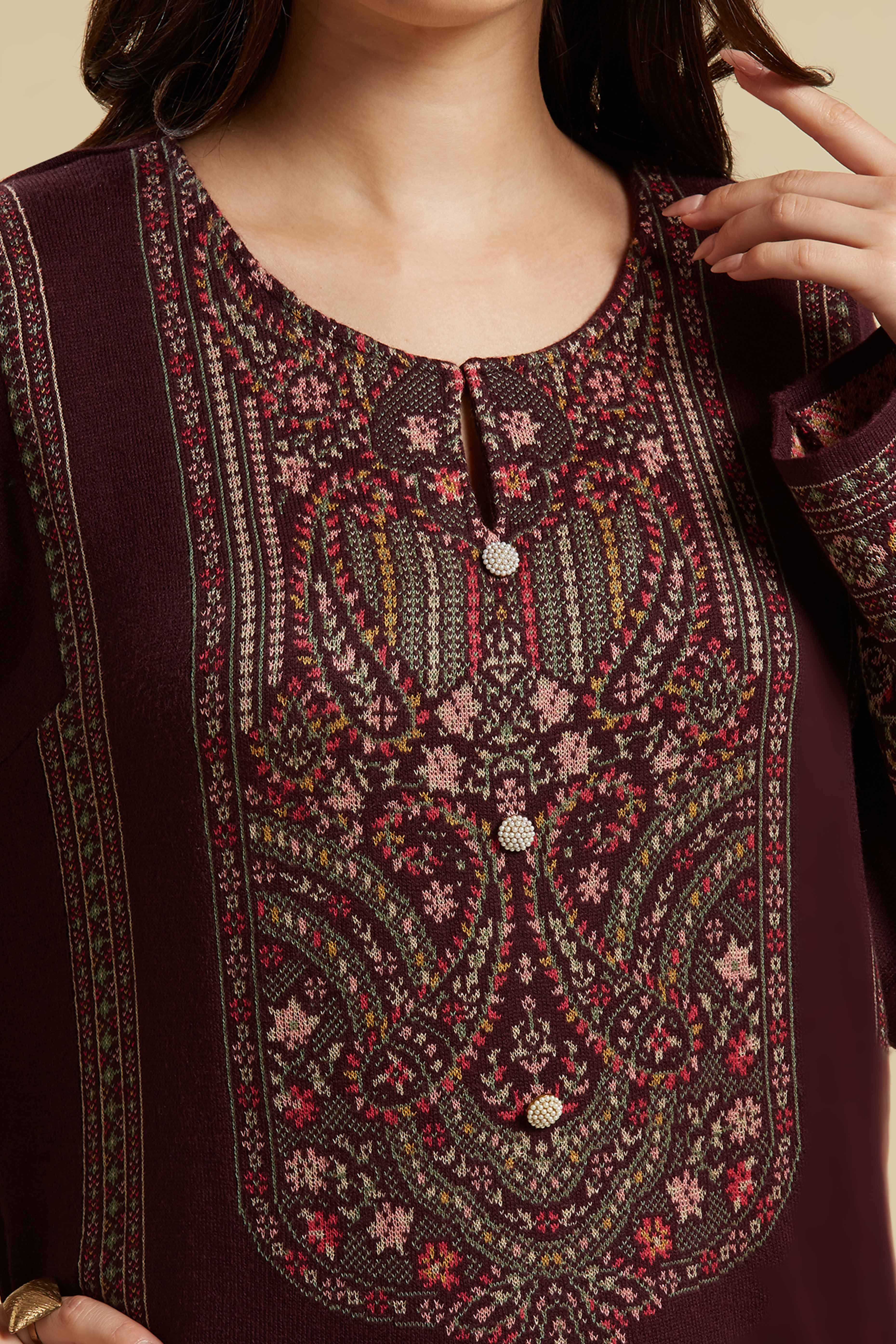 Wine Woven Woolen Straight Kurti - Image 2