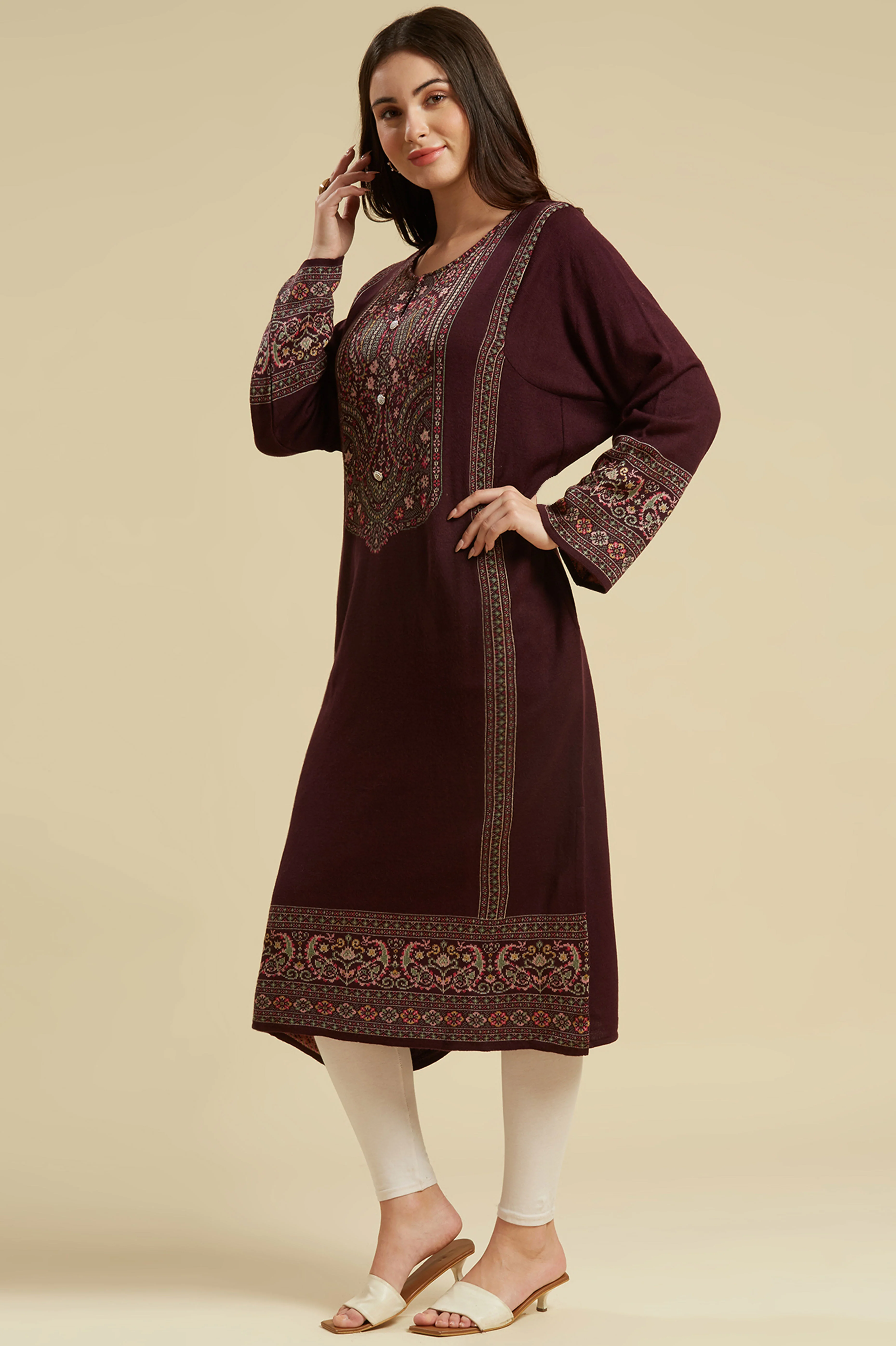 Wine Woven Woolen Straight Kurti - Image 4