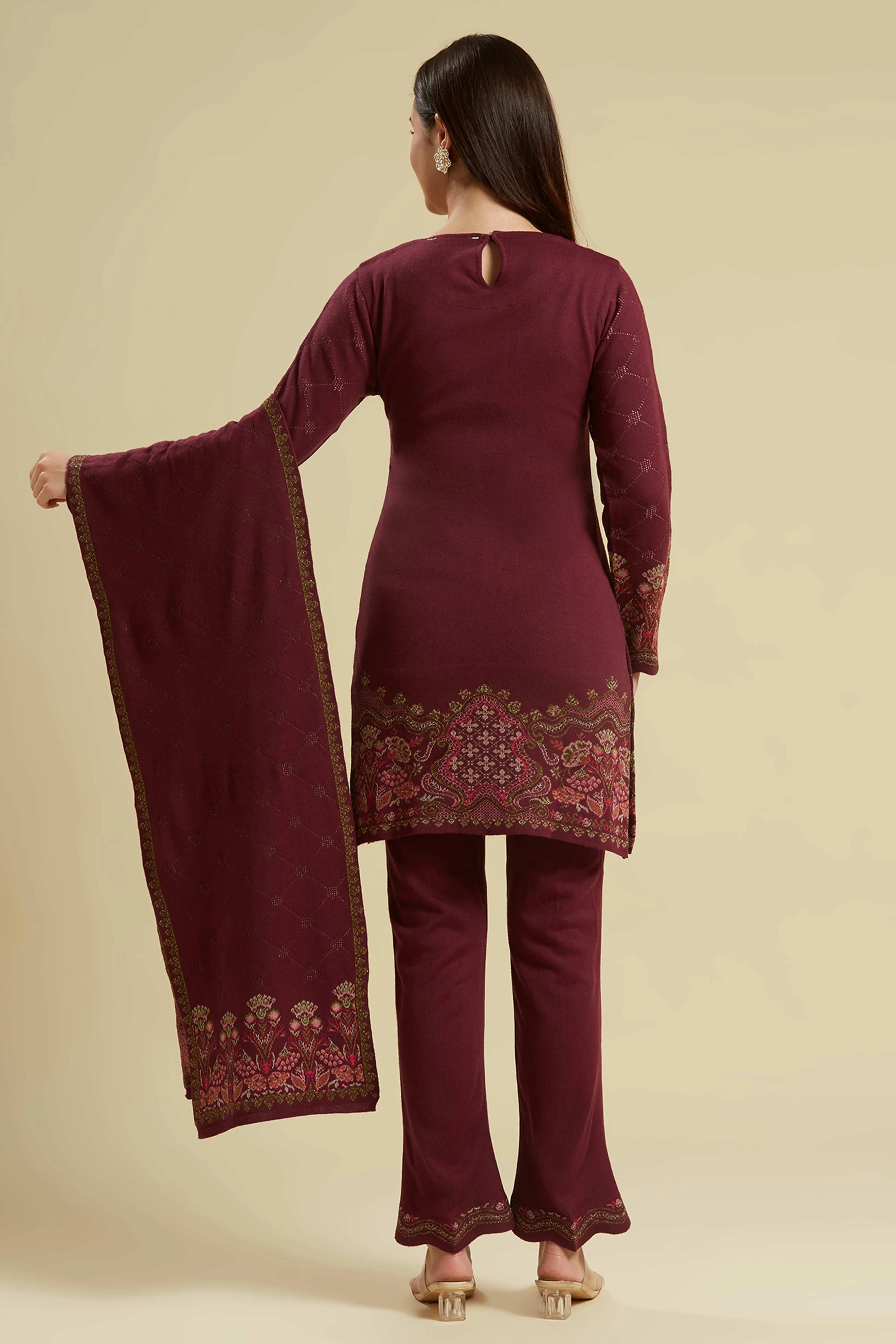 Wine Woven Woolen Straight Salwar Suit - Image 3