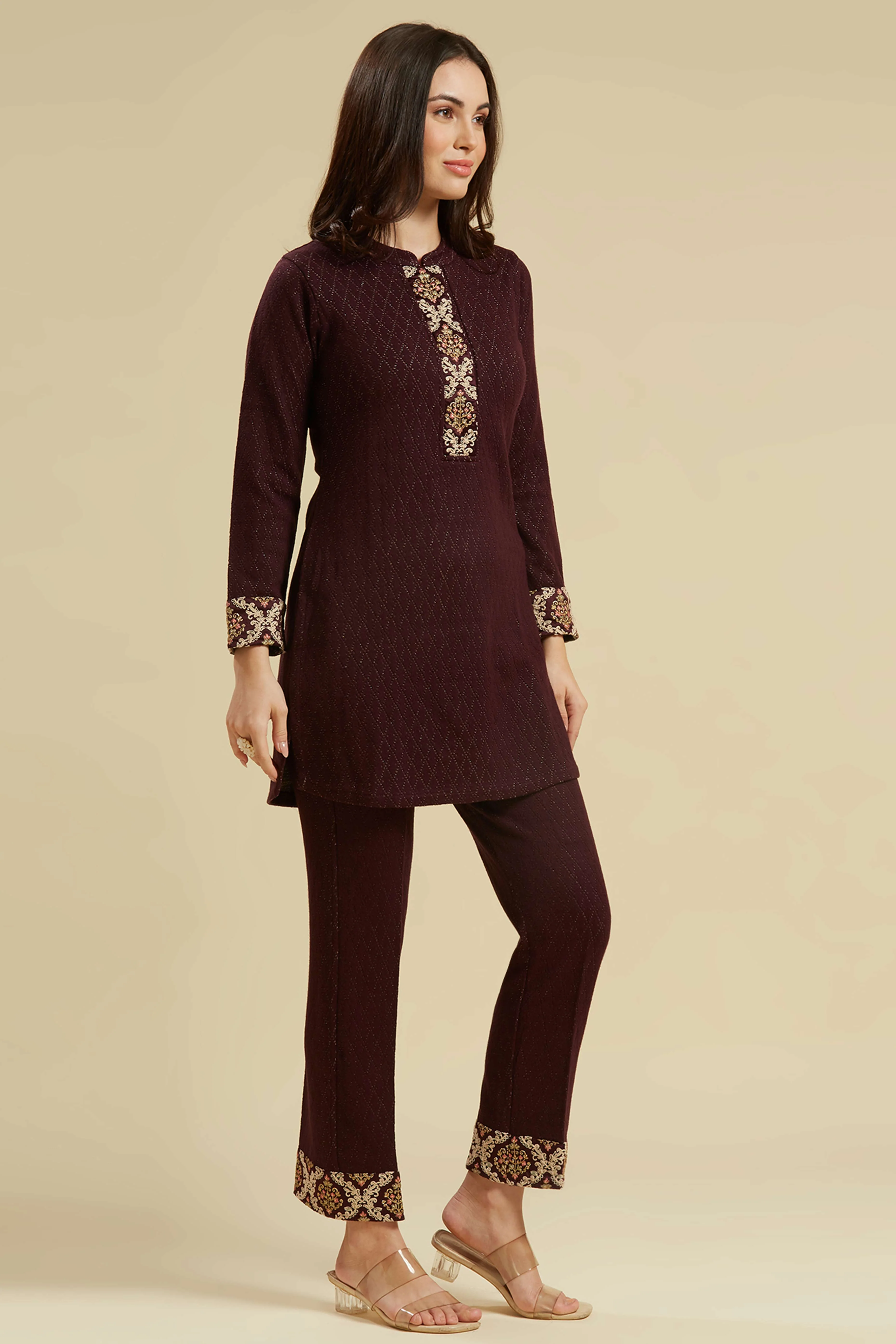 Wine Woven Woolen Straight Top Bottom Set - Image 4