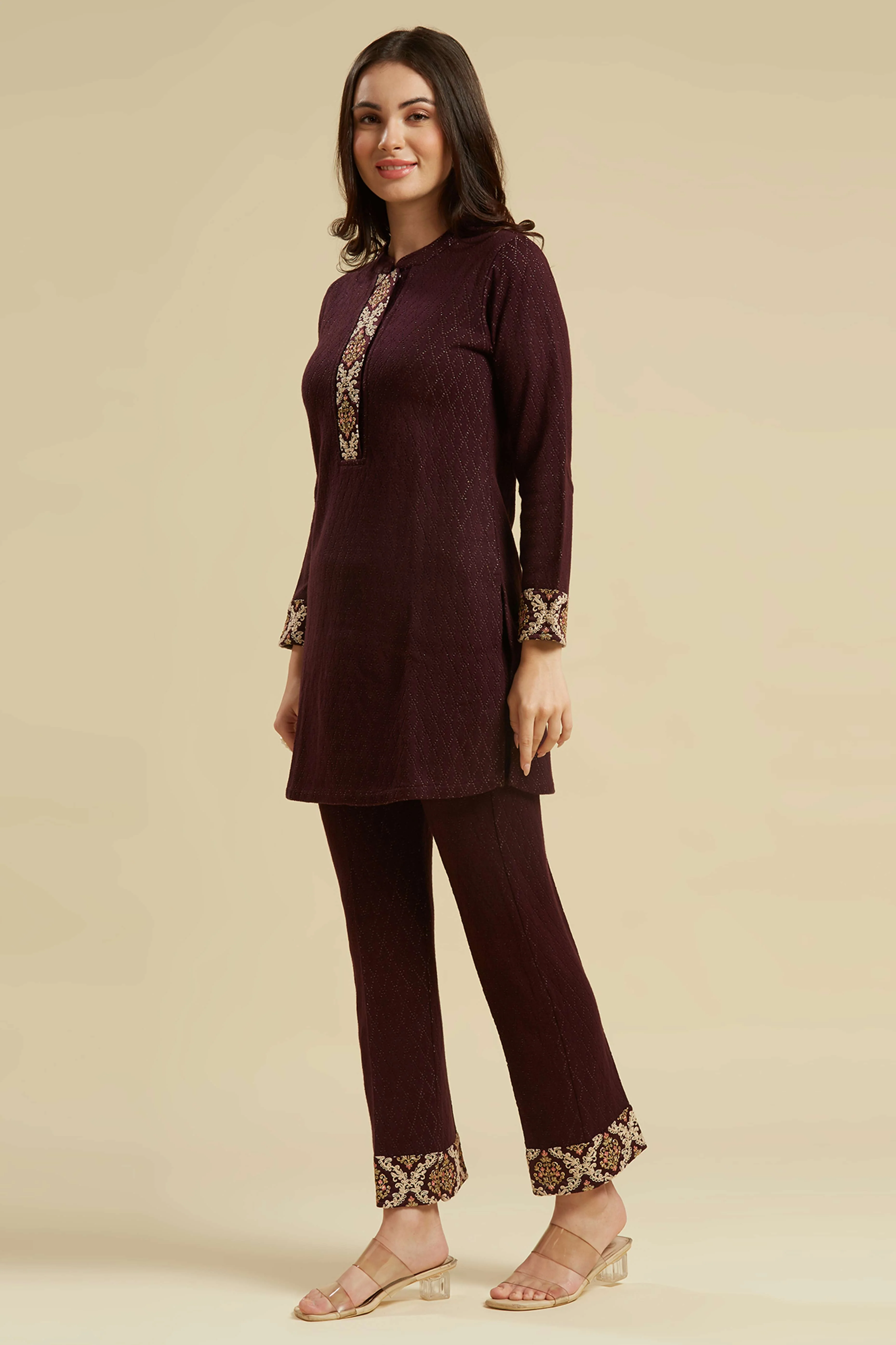 Wine Woven Woolen Straight Top Bottom Set - Image 5