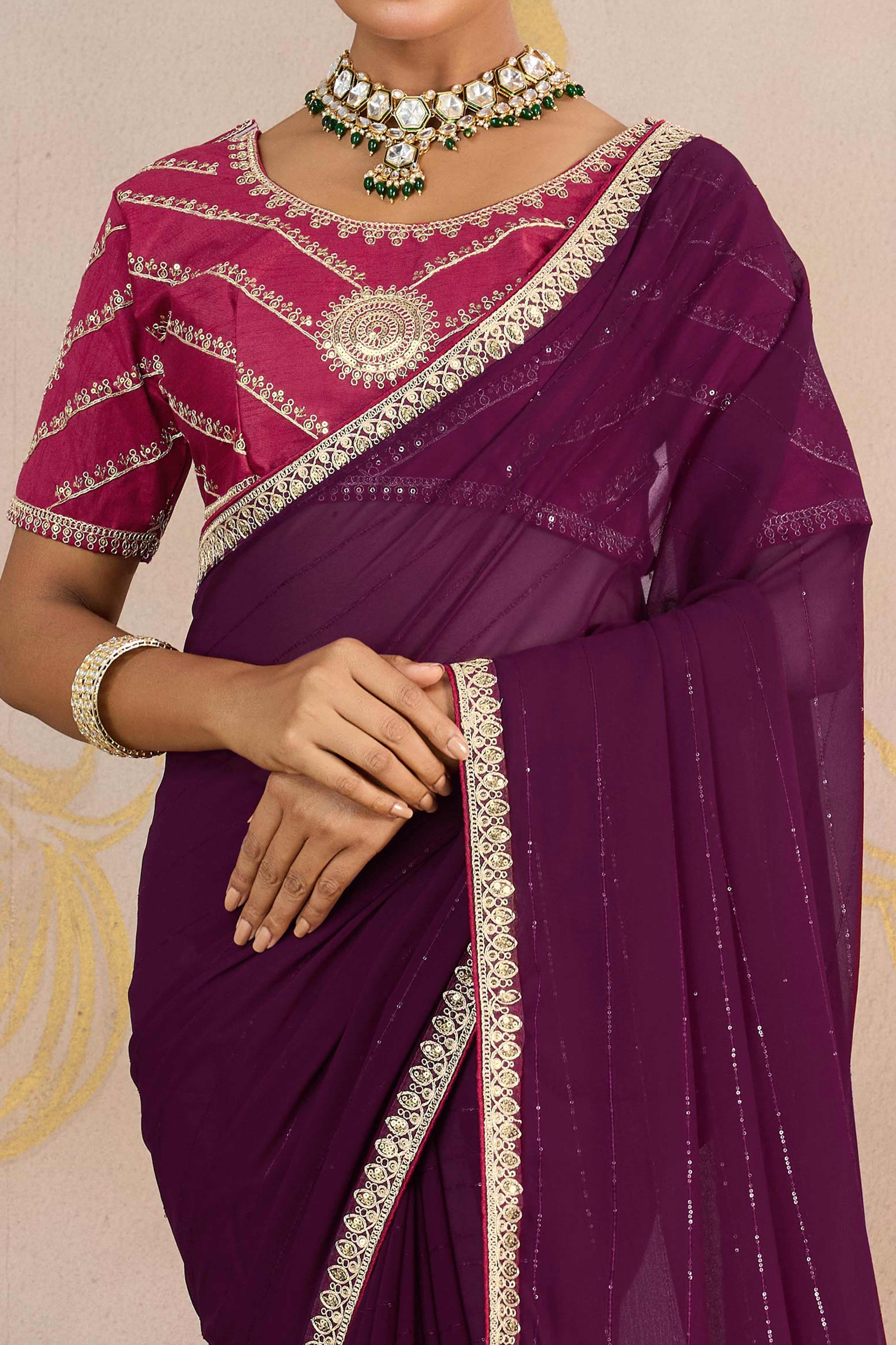 Wine Zari Embroidered Georgette Saree Accented With Sequins - Image 2