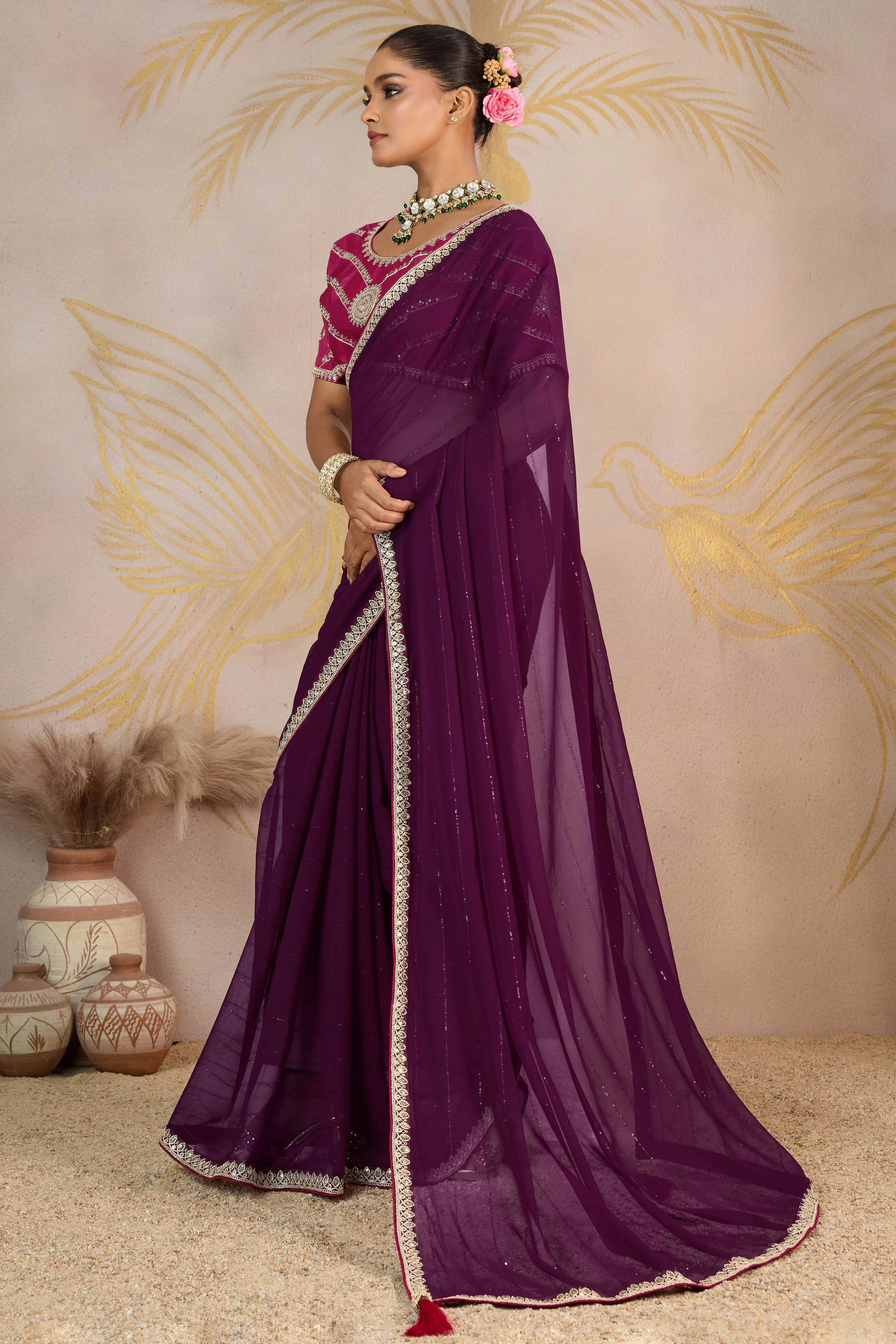 Wine Zari Embroidered Georgette Saree Accented With Sequins - Image 3