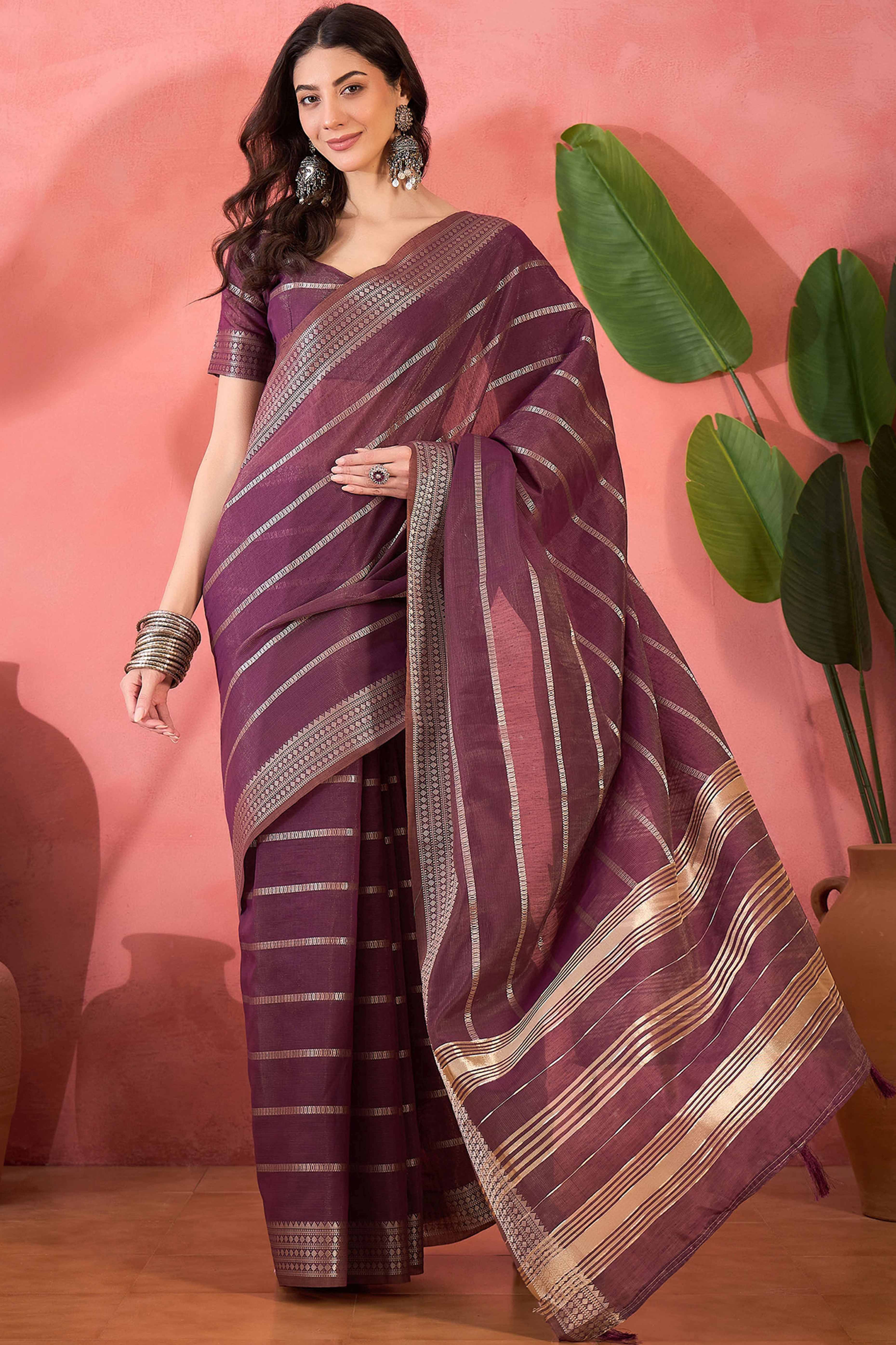 Wine Zari Striped Khadi Organza Saree With Graceful Tassel Accents - Image 3