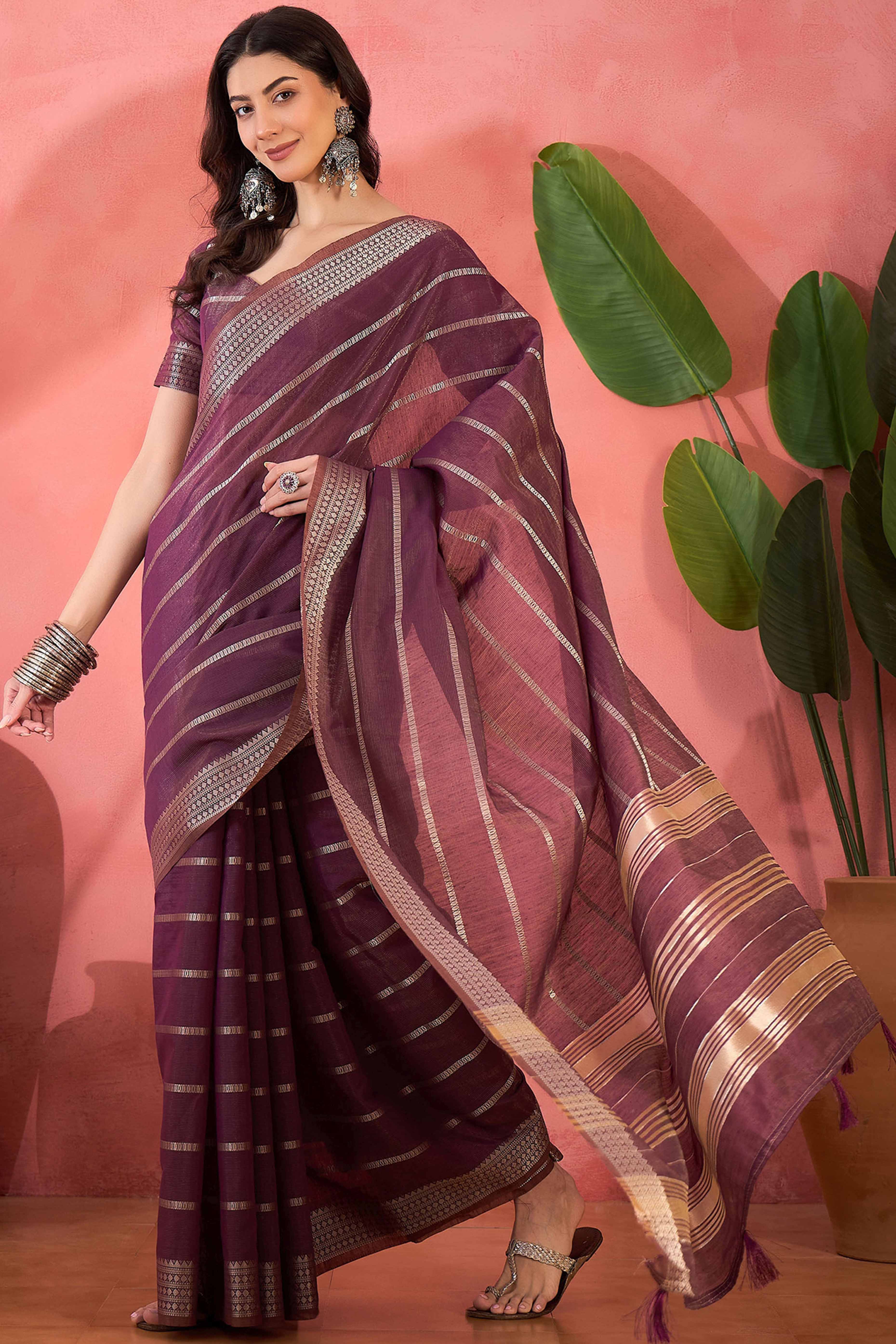 Wine Zari Striped Khadi Organza Saree With Graceful Tassel Accents - Image 4