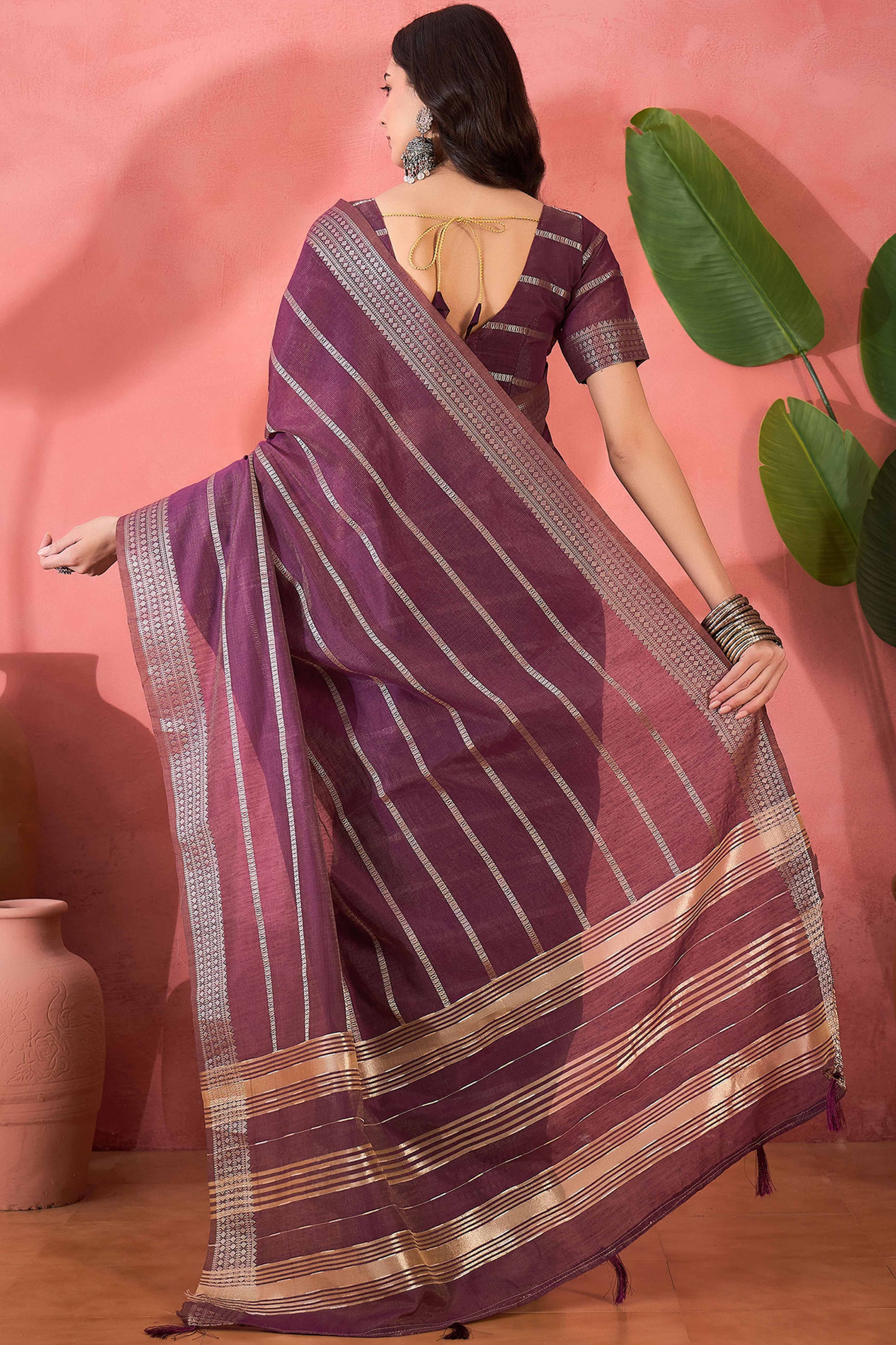 Wine Zari Striped Khadi Organza Saree With Graceful Tassel Accents - Image 5