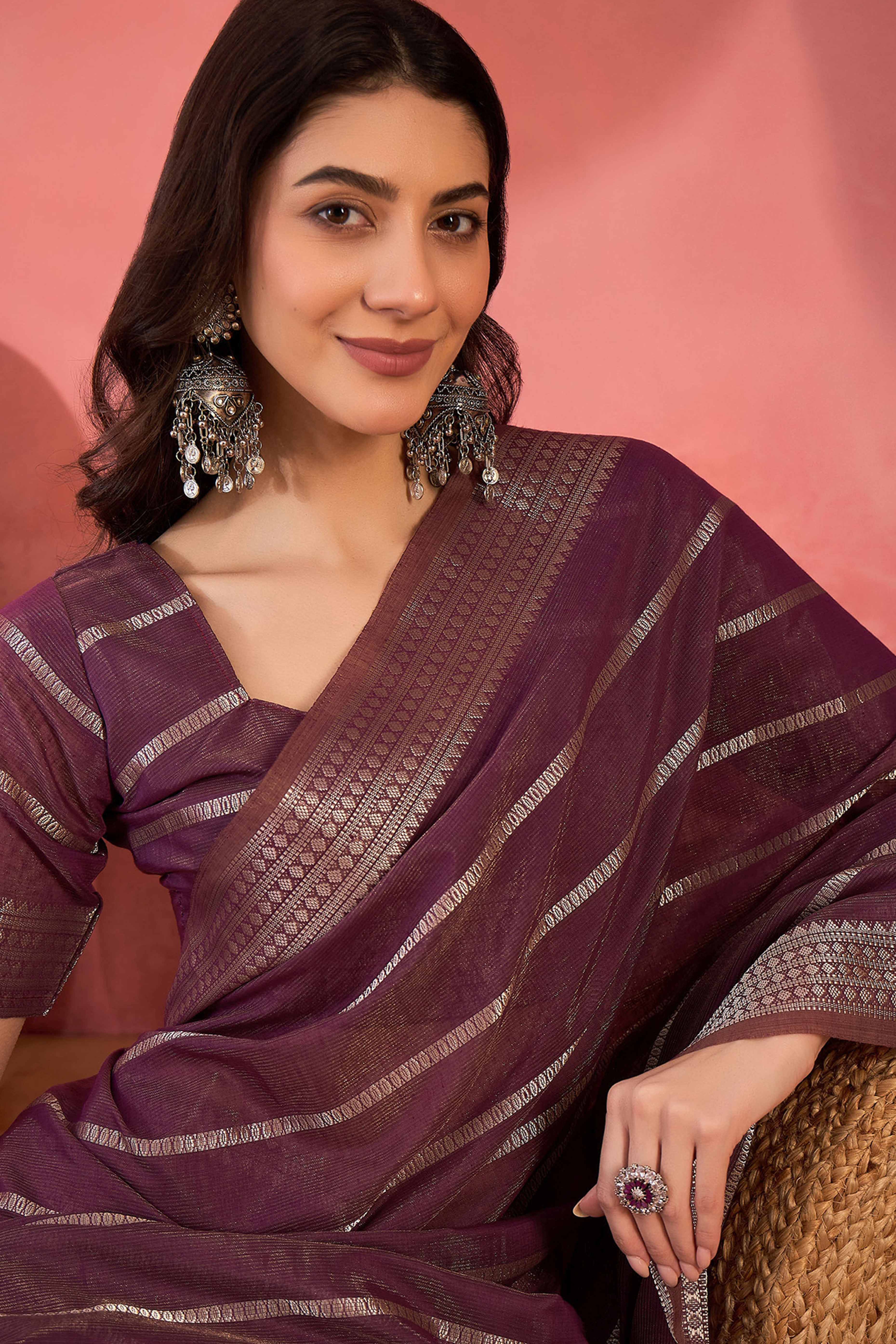 Wine Zari Striped Khadi Organza Saree With Graceful Tassel Accents - Image 6