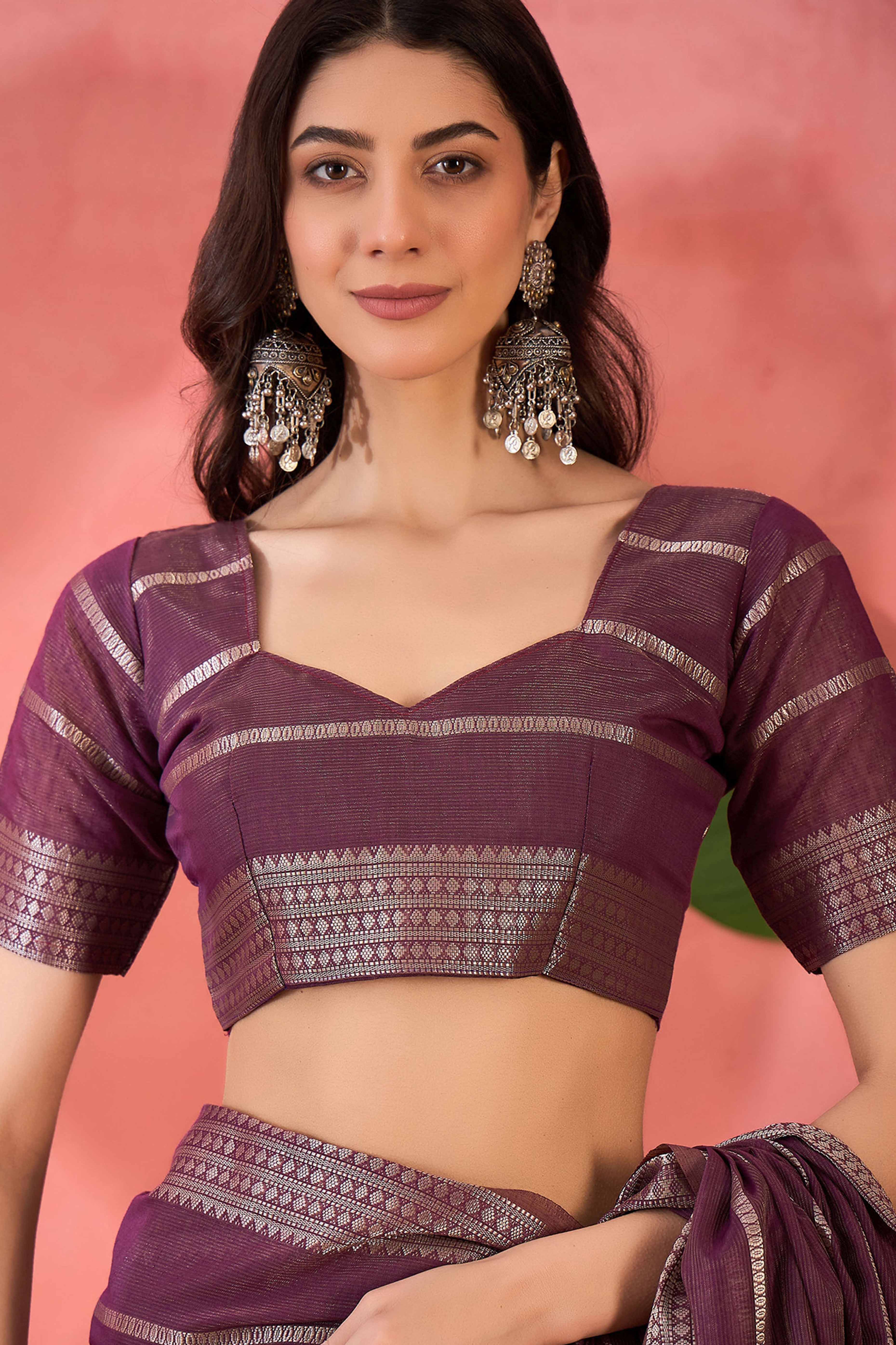 Wine Zari Striped Khadi Organza Saree With Graceful Tassel Accents - Image 7