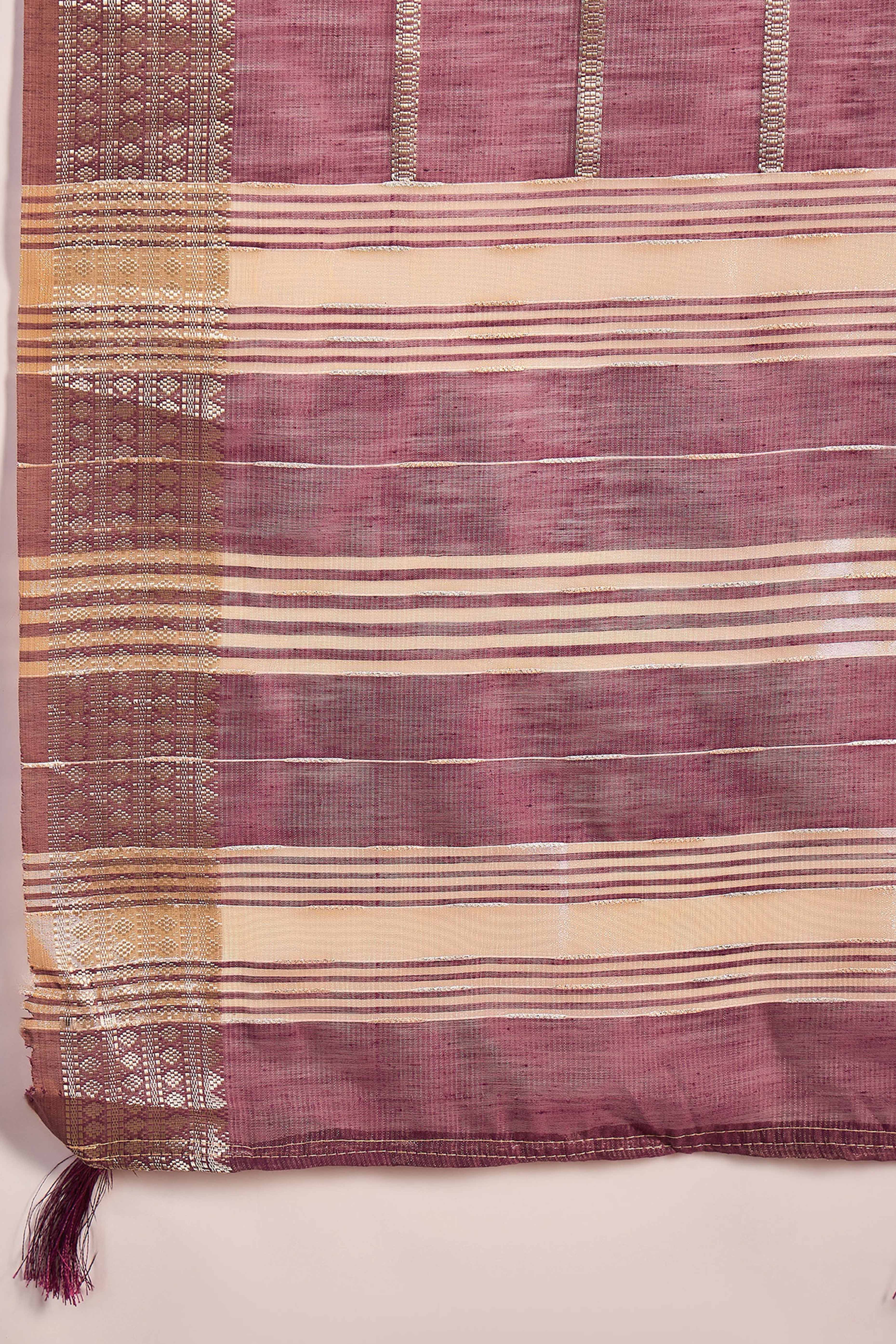 Wine Zari Striped Khadi Organza Saree With Graceful Tassel Accents - Image 8