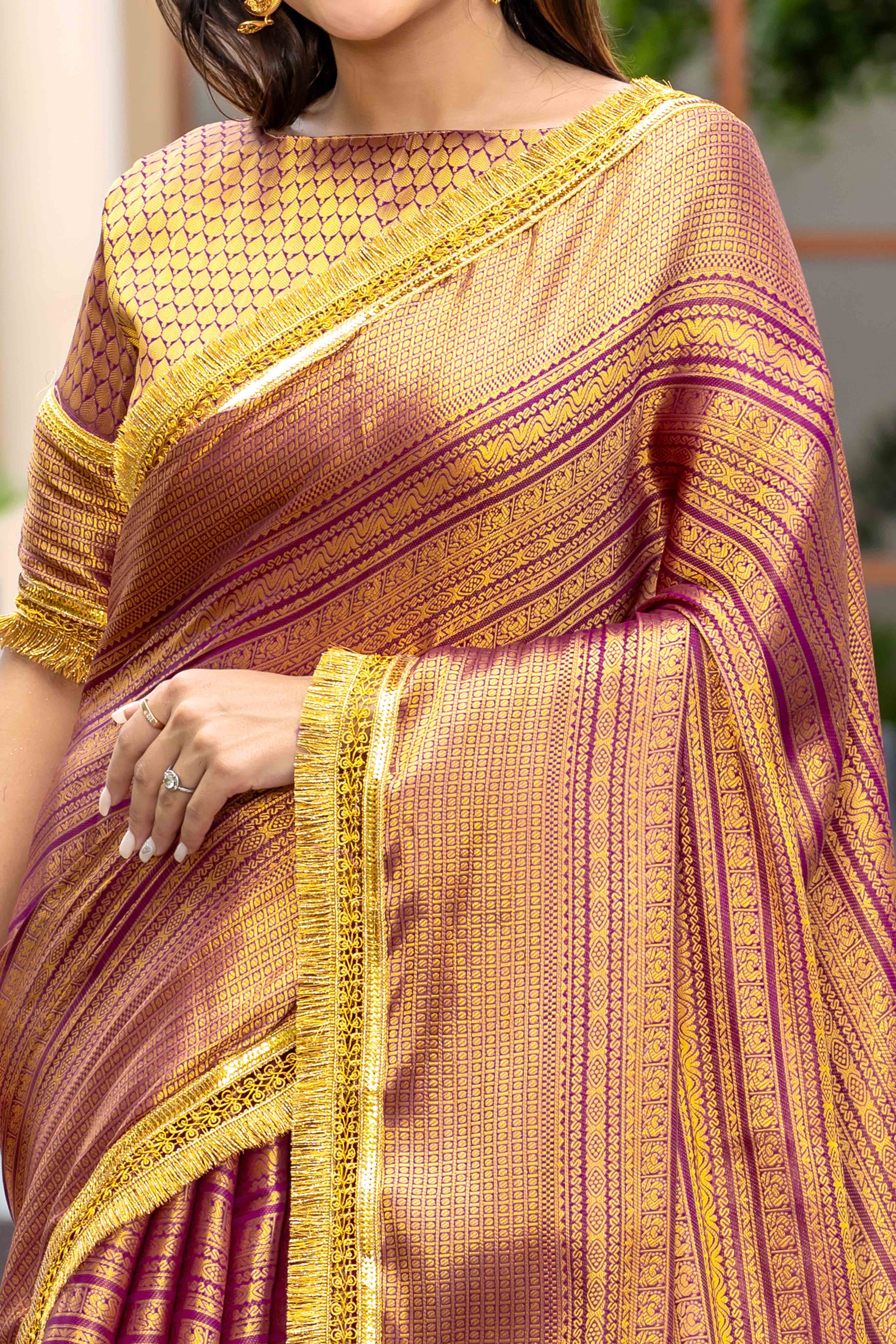 Wine Zari Weaving Mysore Brocade Silk Saree With Zari Border - Image 2