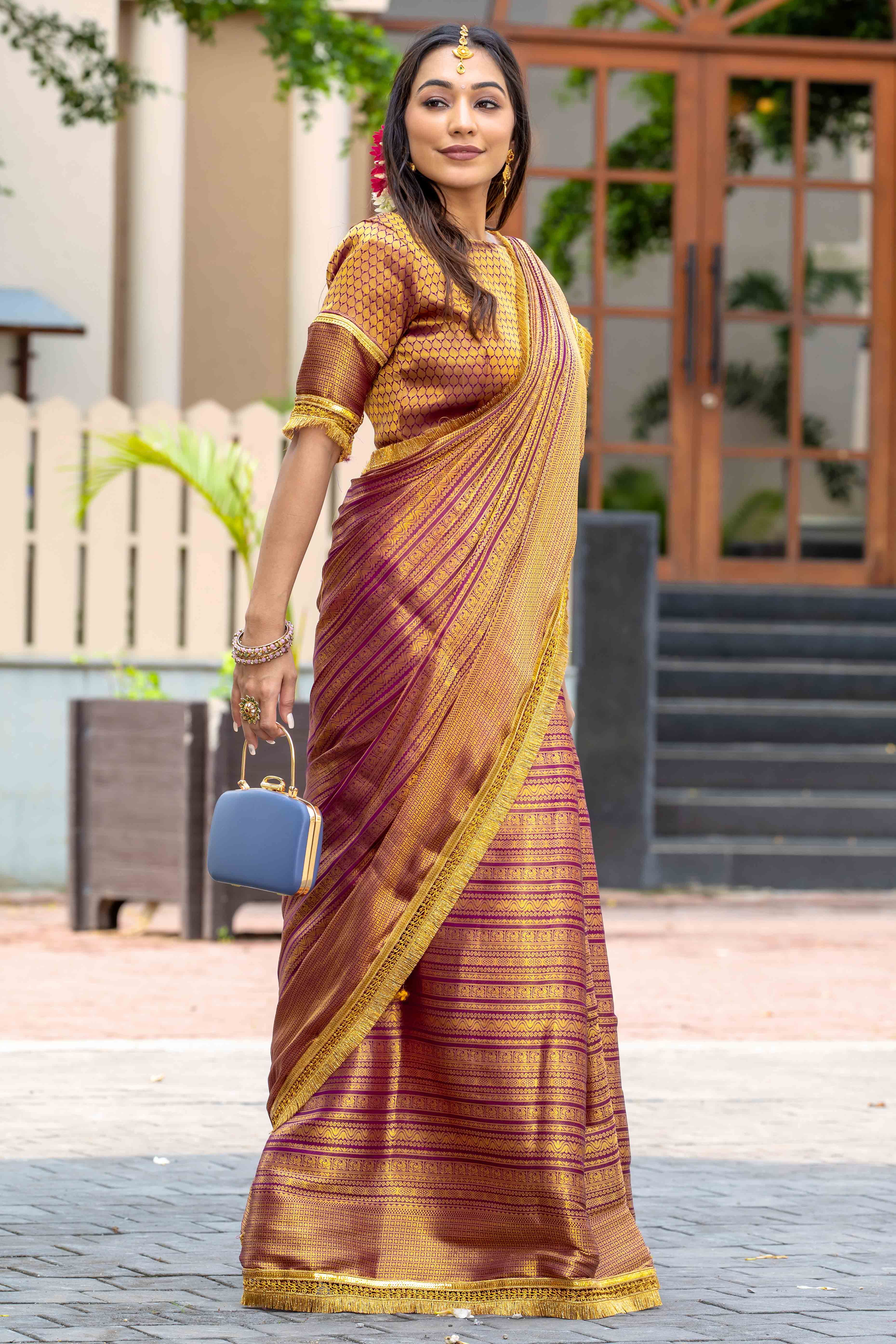 Wine Zari Weaving Mysore Brocade Silk Saree With Zari Border - Image 4