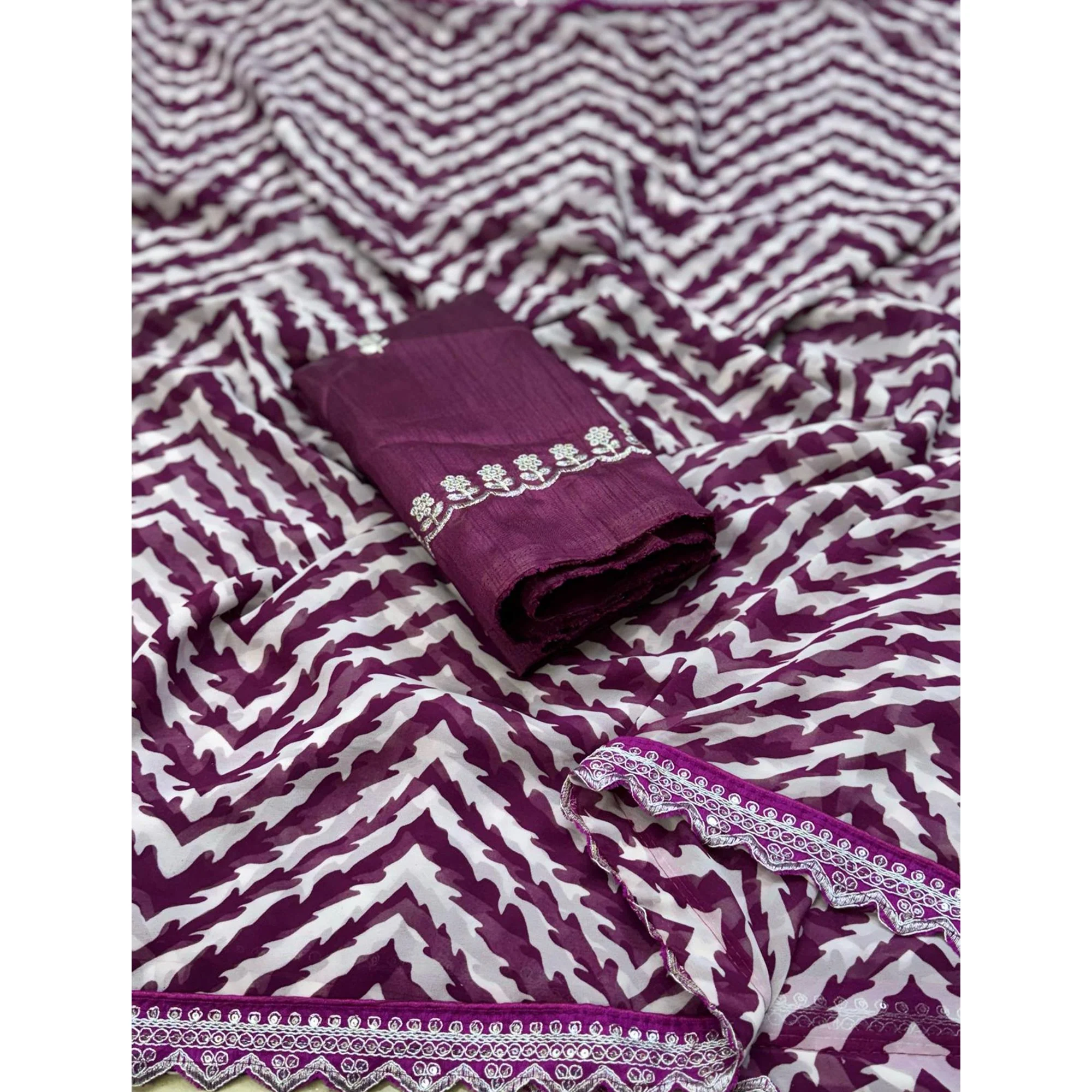 Wine Zig Zag Printed Georgette Saree With Sequins Embroidered Border - Image 5