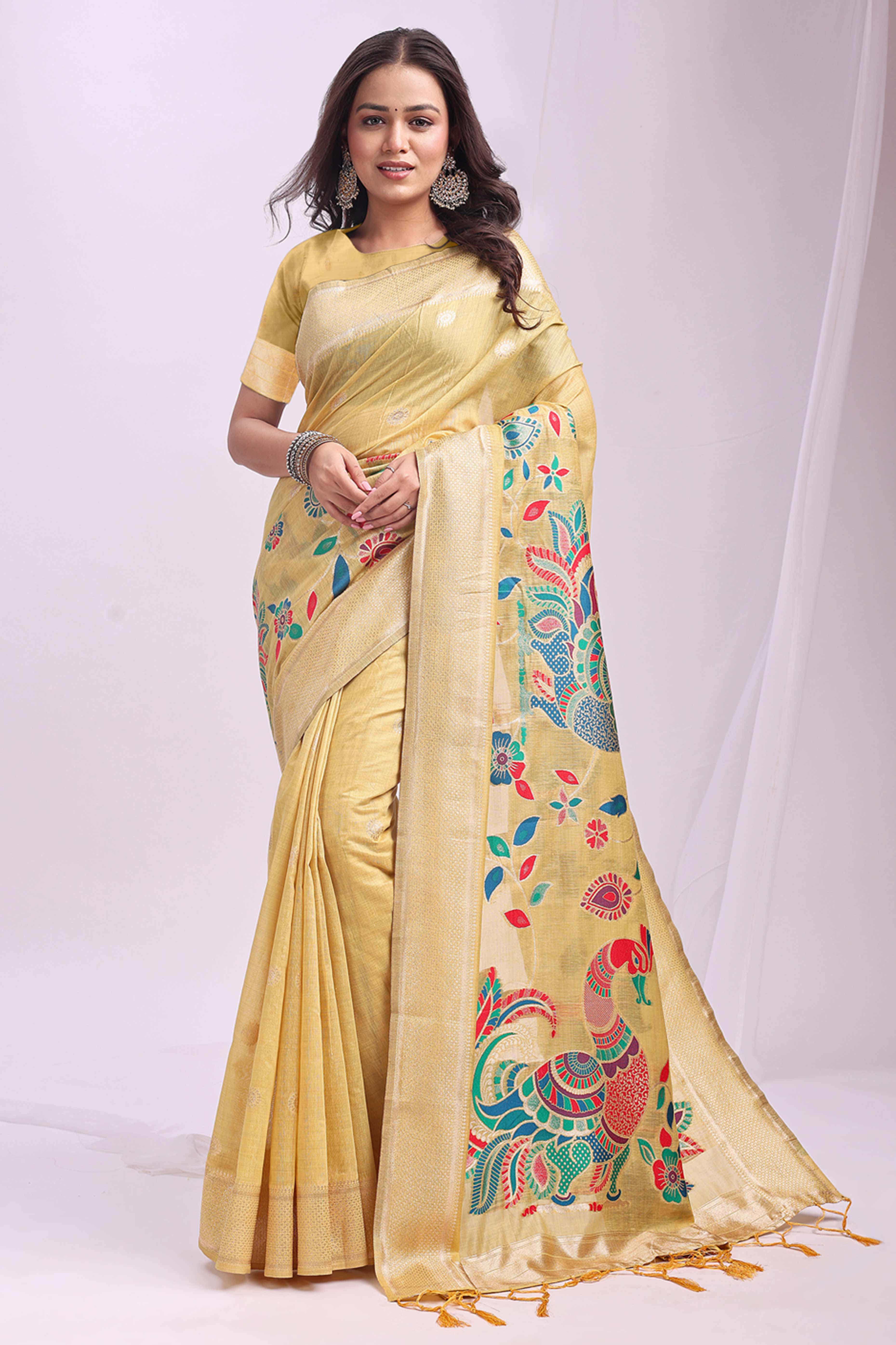 Yelllow Floral Woven Linen Cotton Saree Accented With Peacock Motif Pallu & Zari Border - Image 3