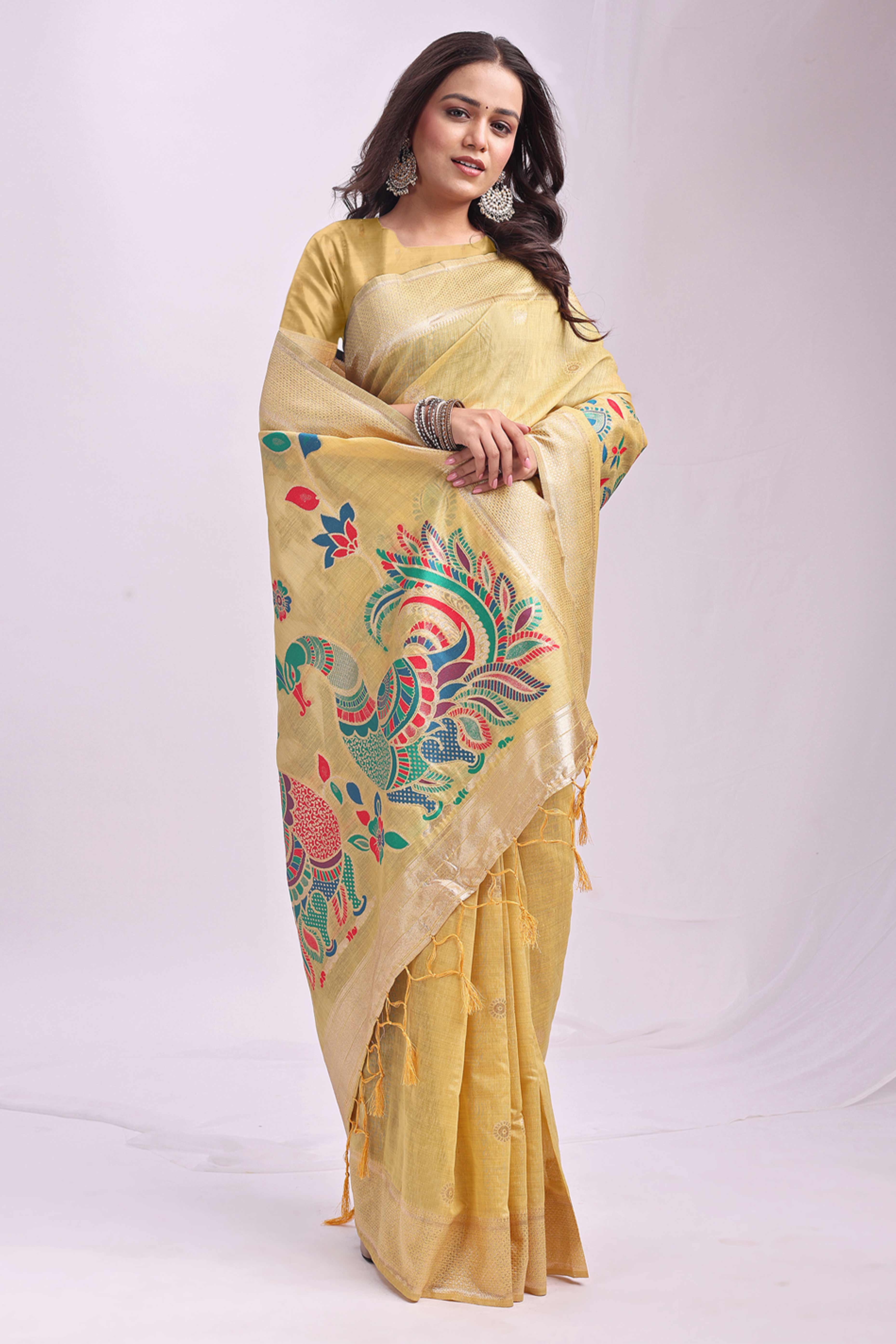 Yelllow Floral Woven Linen Cotton Saree Accented With Peacock Motif Pallu & Zari Border - Image 4