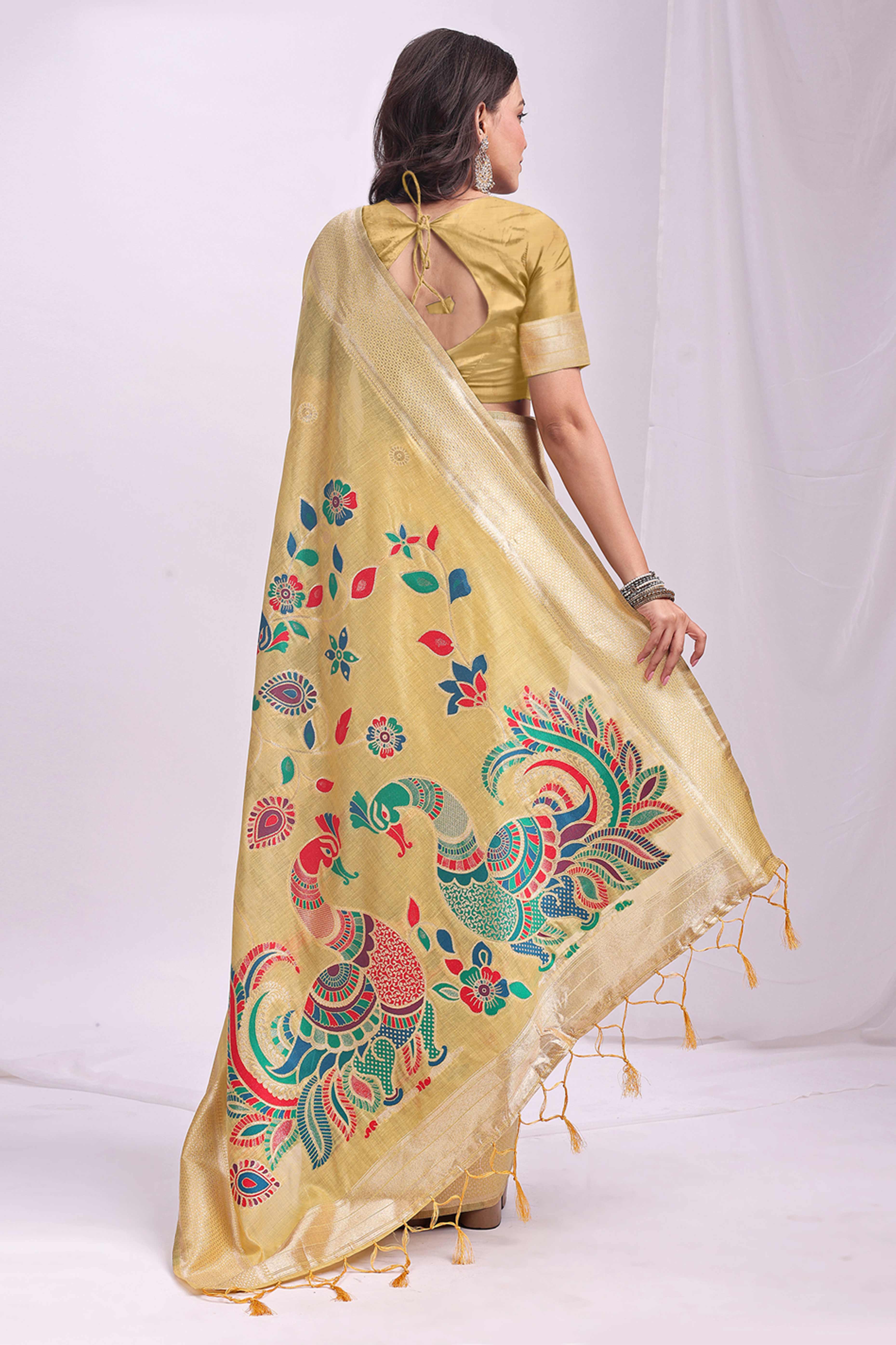 Yelllow Floral Woven Linen Cotton Saree Accented With Peacock Motif Pallu & Zari Border - Image 5