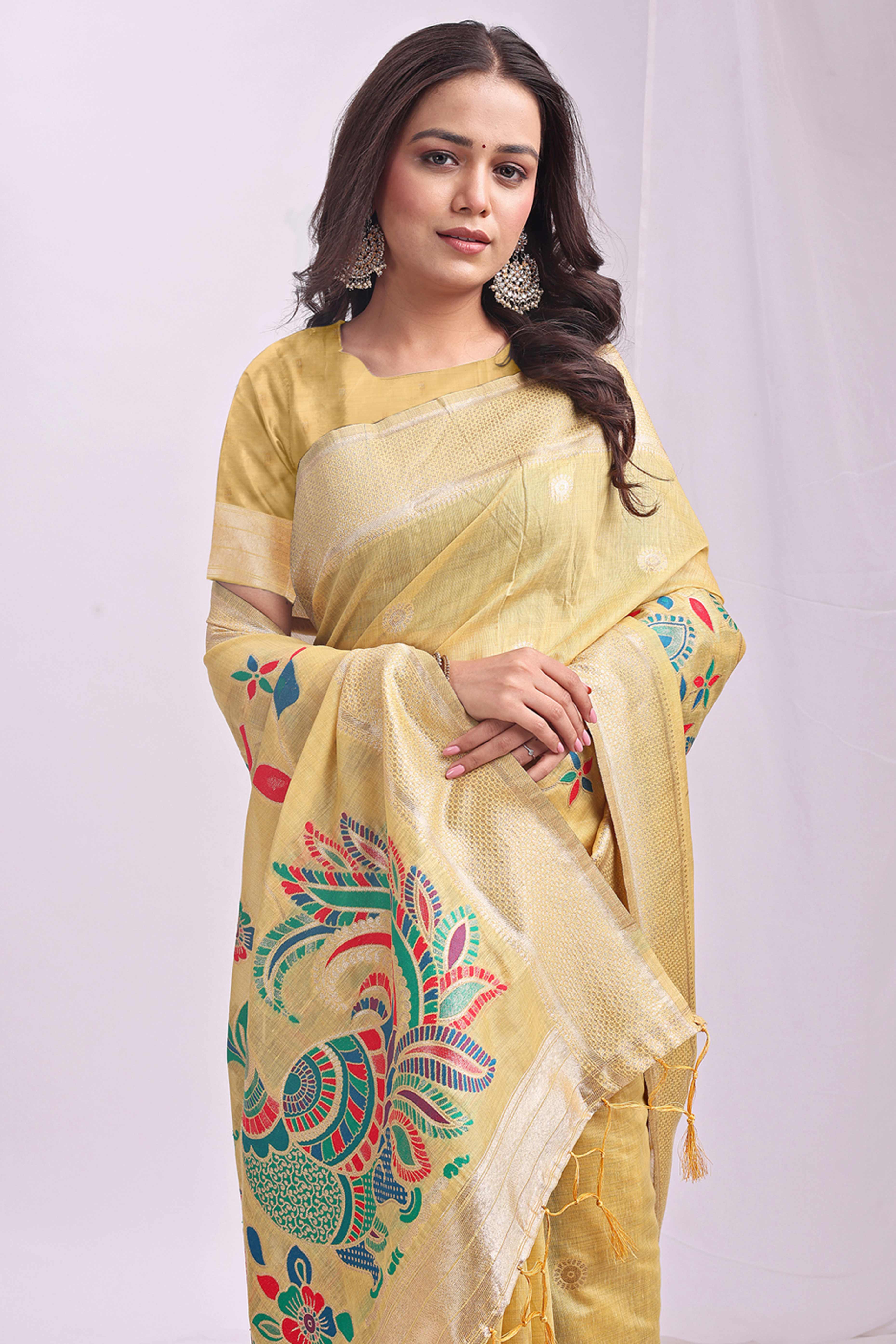 Yelllow Floral Woven Linen Cotton Saree Accented With Peacock Motif Pallu & Zari Border - Image 6