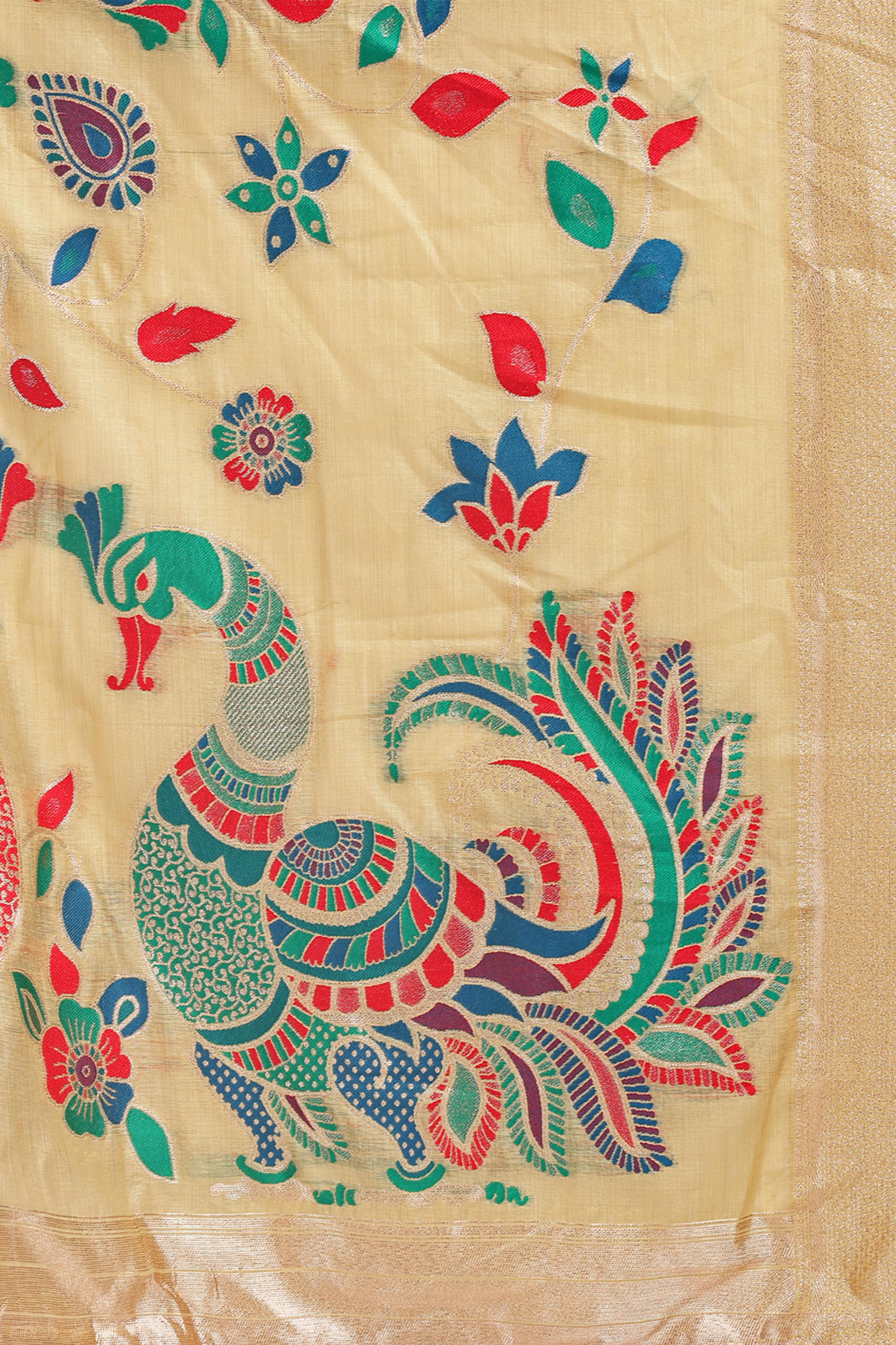 Yelllow Floral Woven Linen Cotton Saree Accented With Peacock Motif Pallu & Zari Border - Image 7