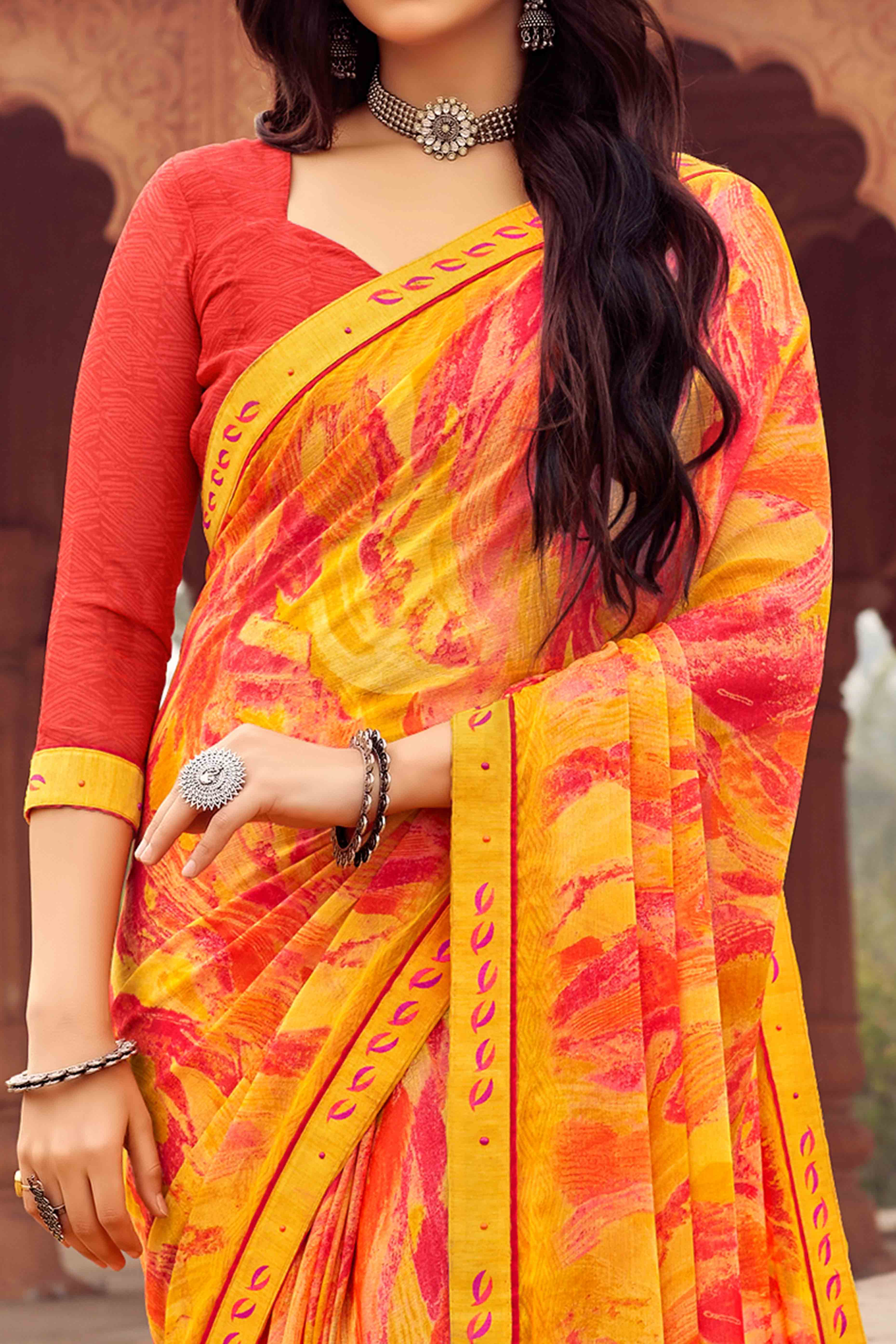 Yellow Abstract Printed Chiffon Saree - Image 2