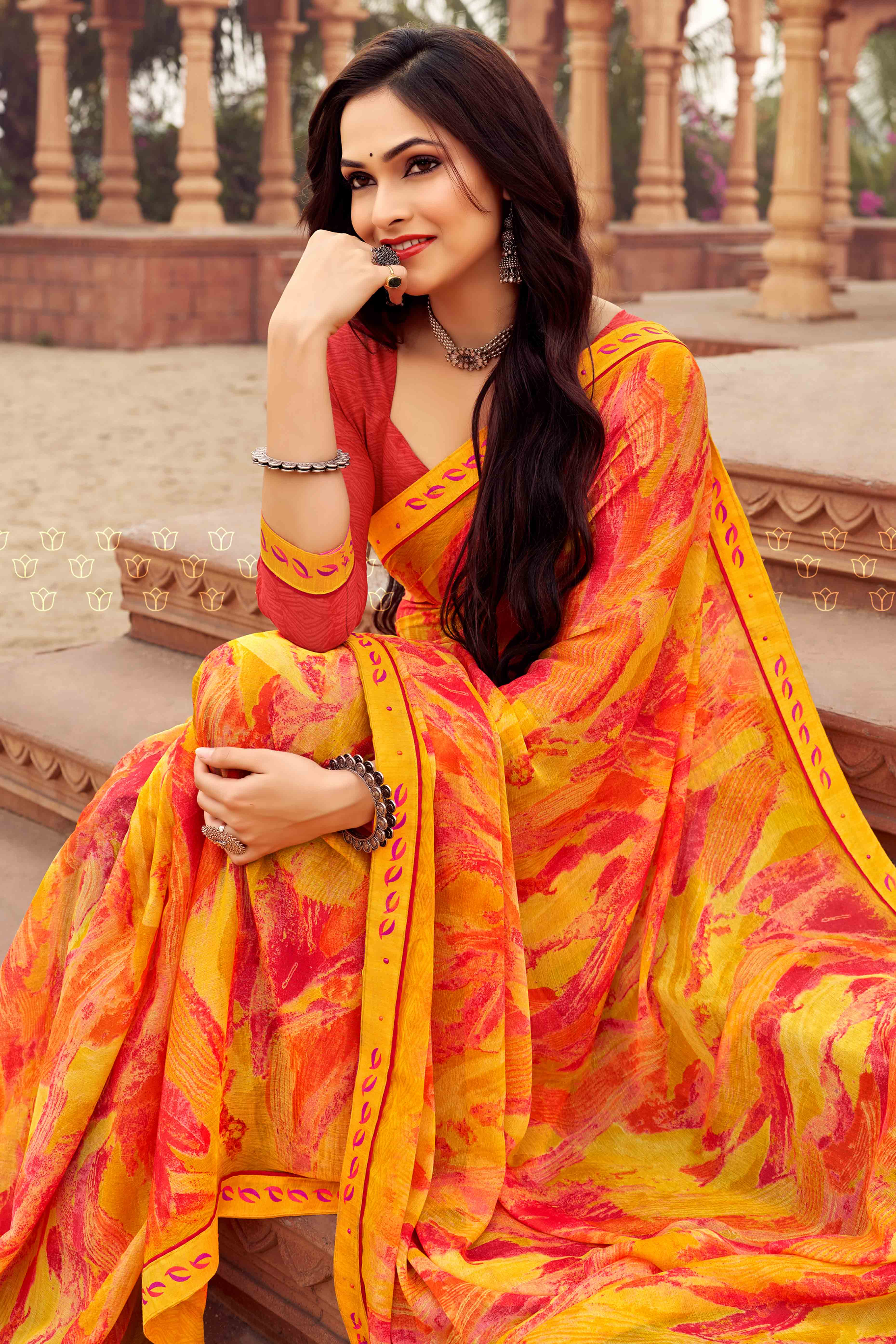 Yellow Abstract Printed Chiffon Saree - Image 3