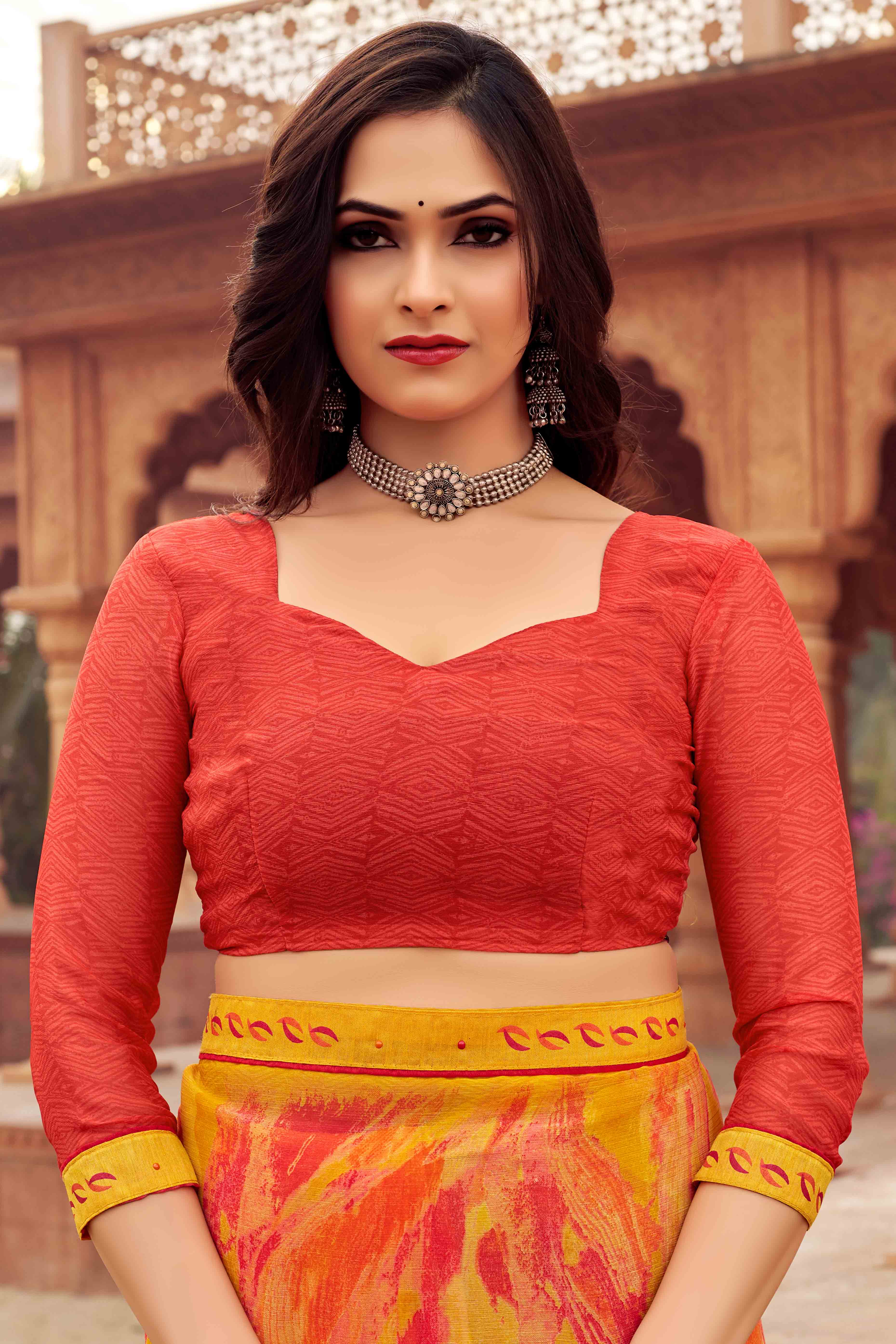 Yellow Abstract Printed Chiffon Saree - Image 4