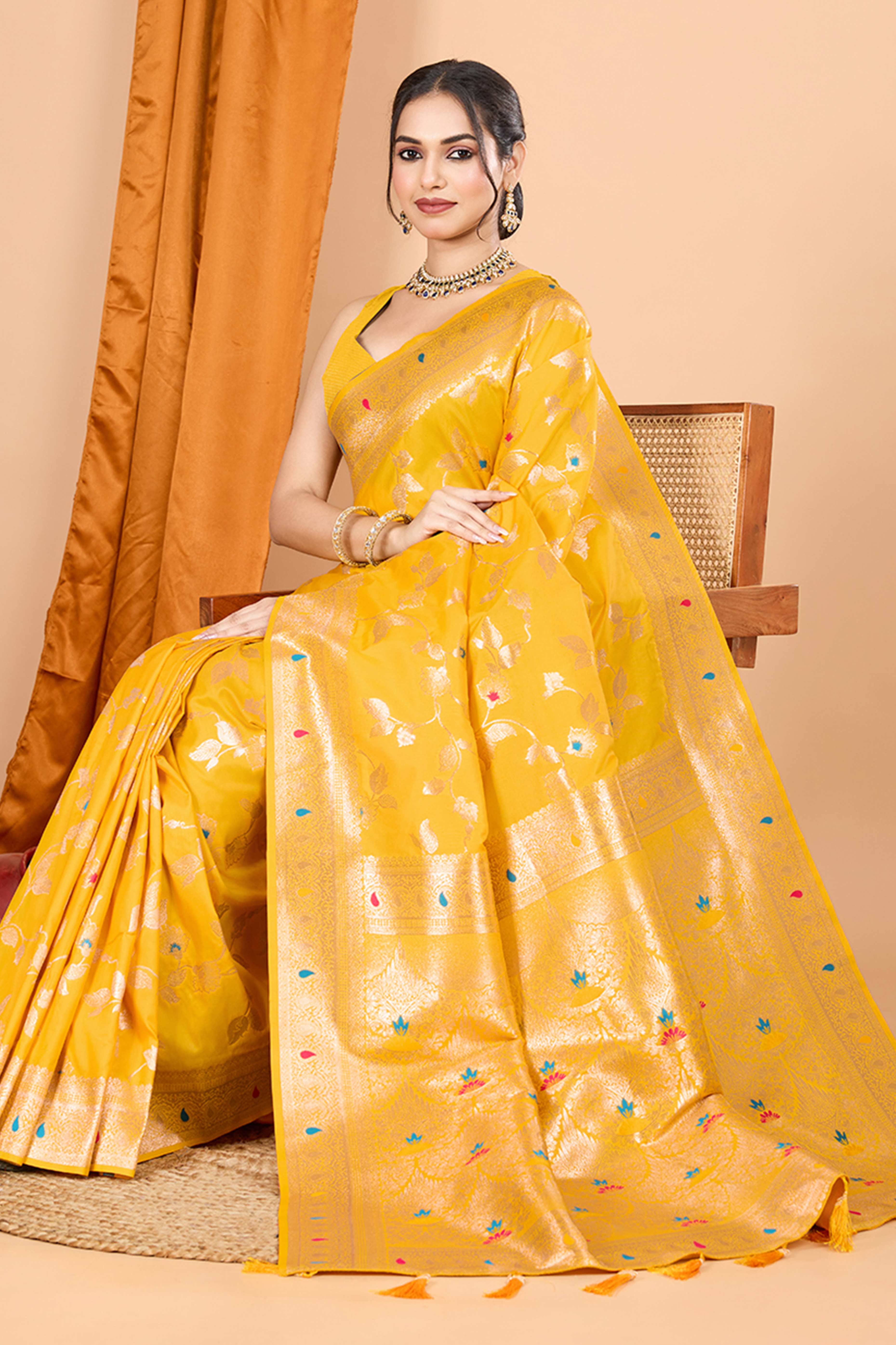 Yellow Banarasi Silk Saree With Exquisite Floral Zari Weaving and Elegant Tassels - Image 4