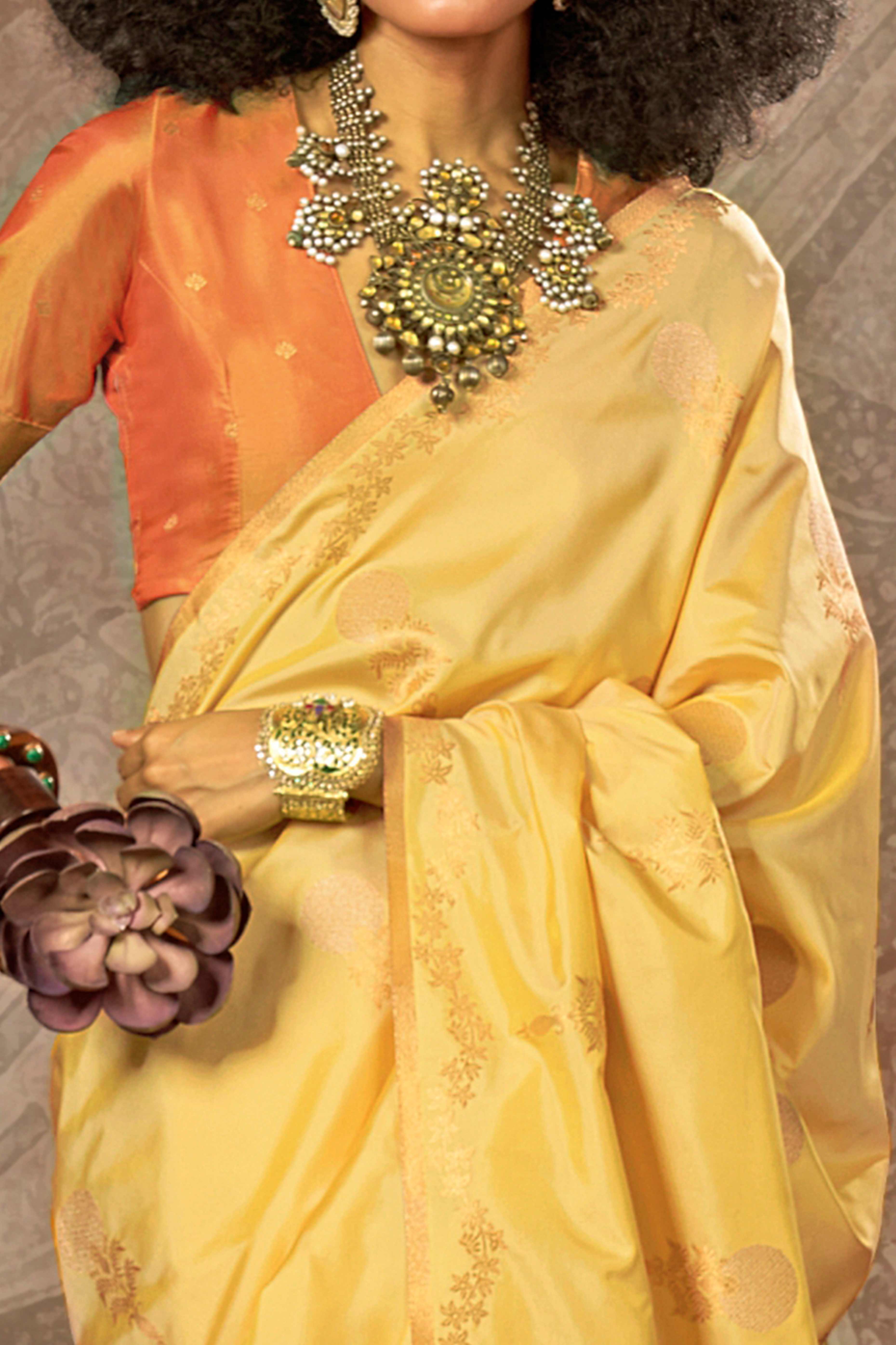 Yellow Banarasi Silk Saree with Floral Zari Weaving - Image 2