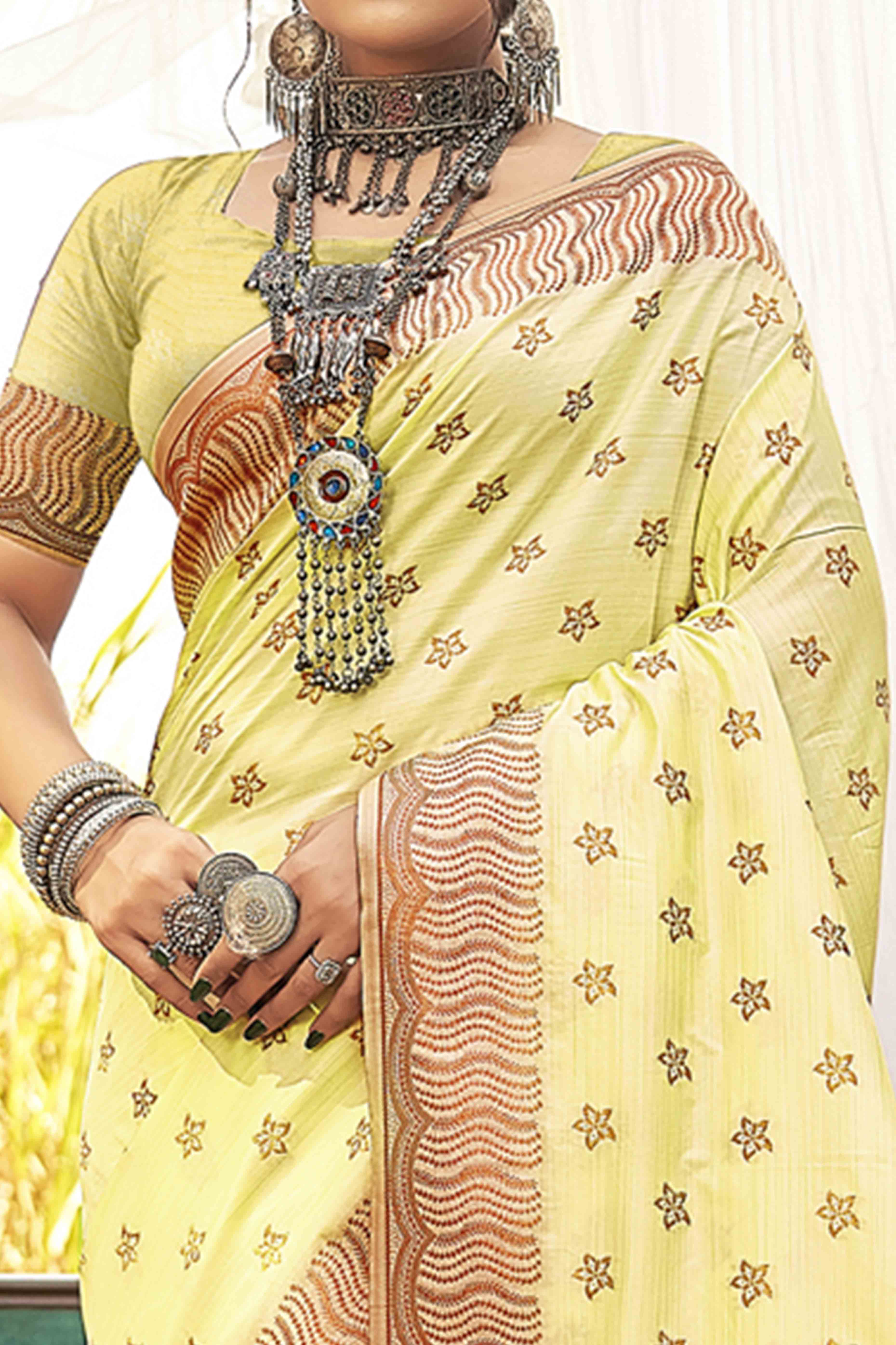Yellow Banarasi Silk Saree With Intricate Zari Woven Work - Image 2