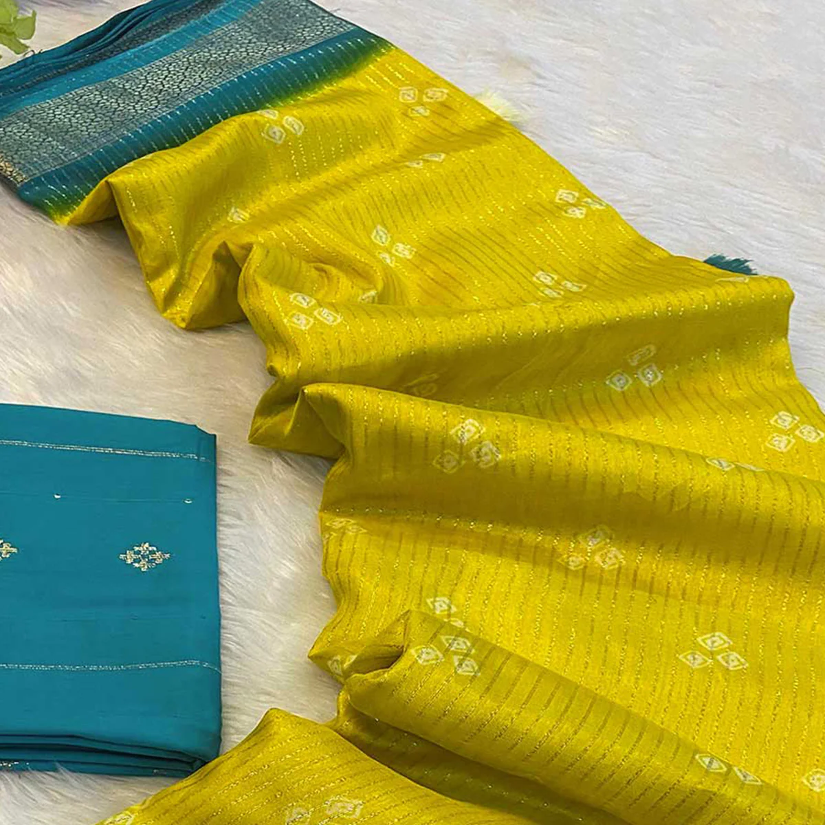 Yellow Bandhani Print Weaving Dola Silk Saree - Image 2