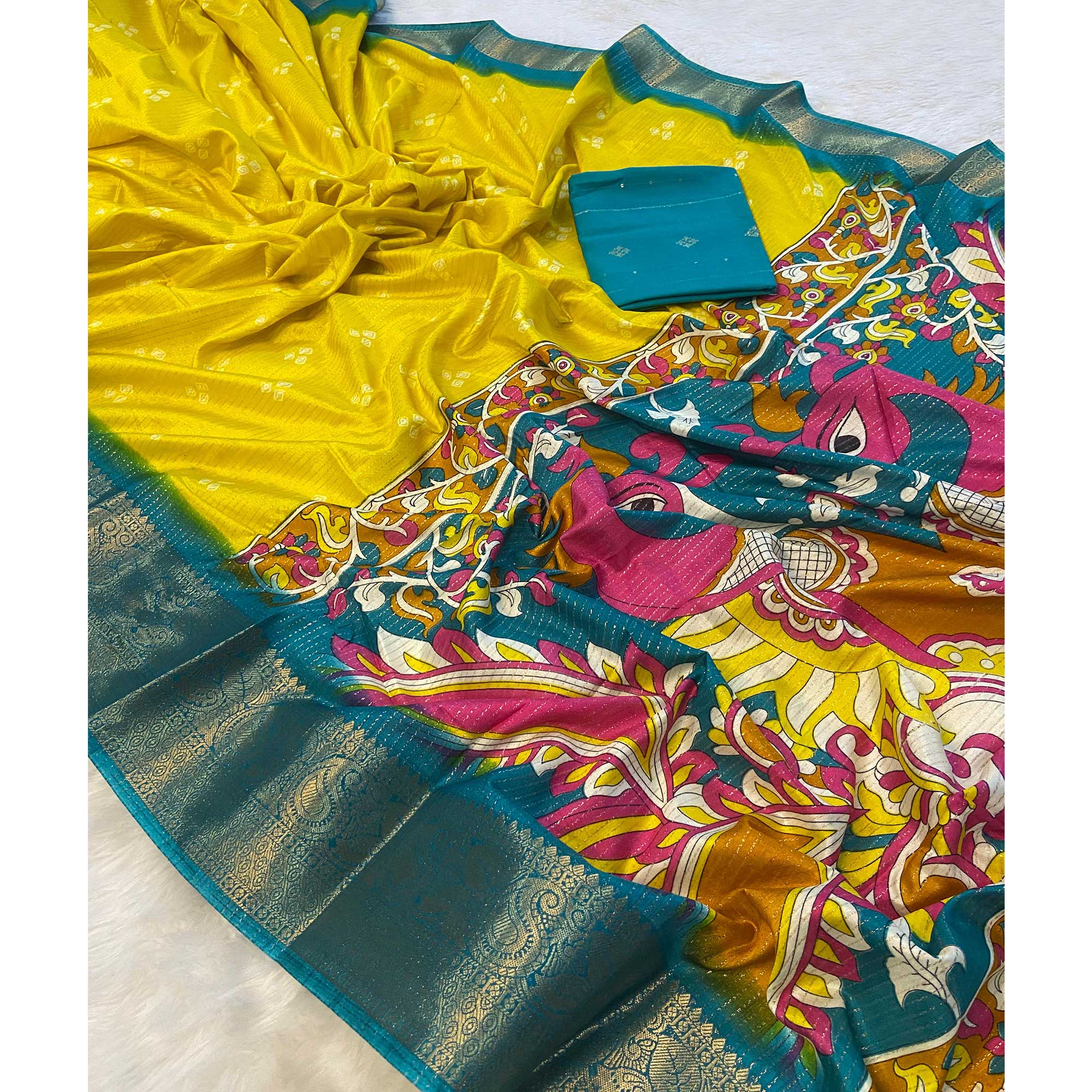 Yellow Bandhani Print Weaving Dola Silk Saree - Image 3