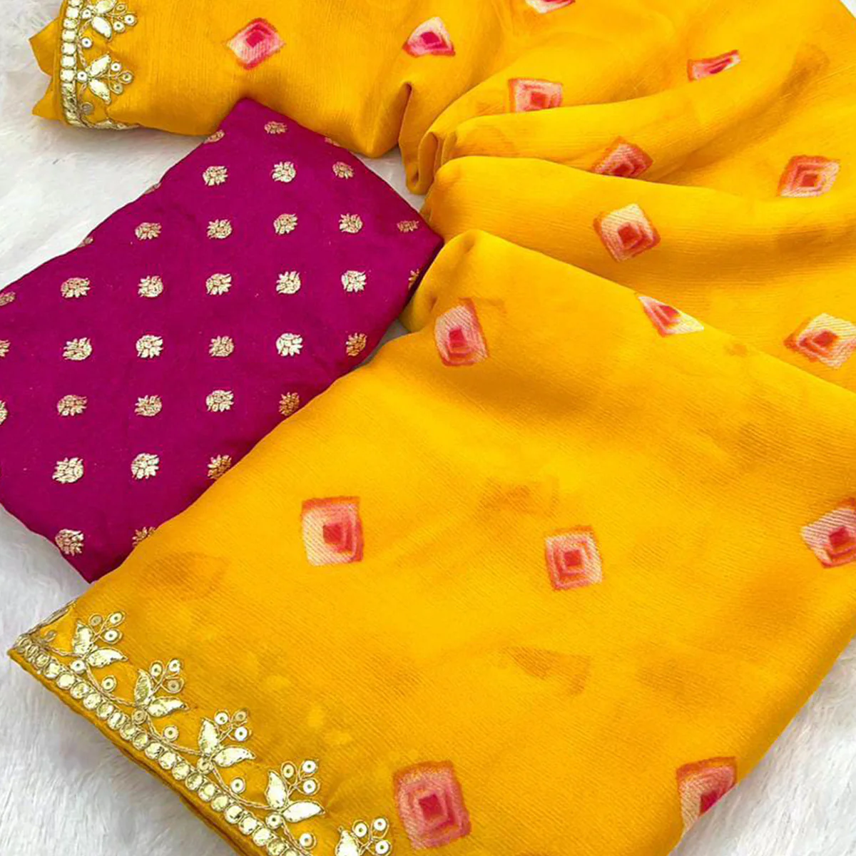 Yellow Bandhani Printed Chiffon Saree With Sequins Embroidered Border - Image 2