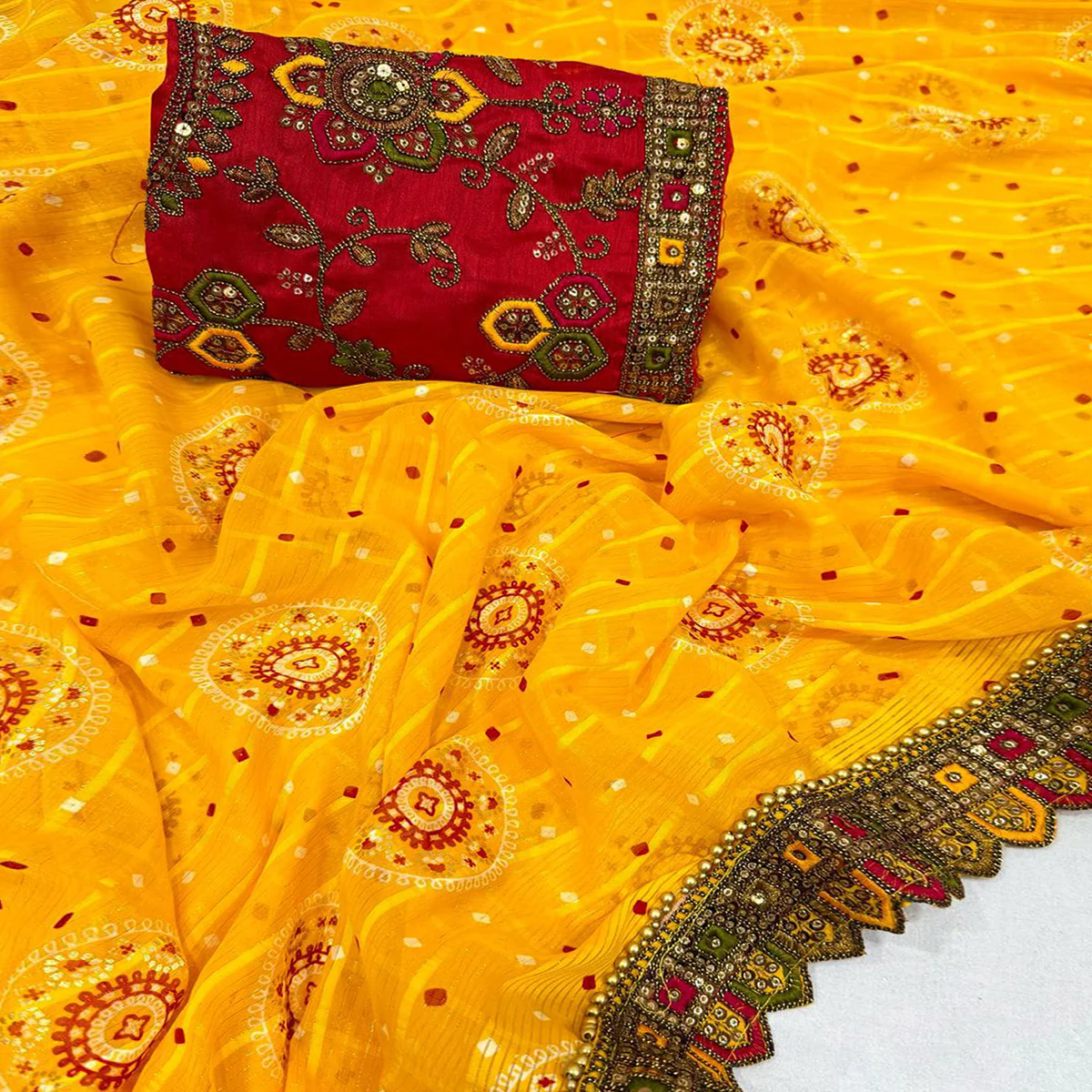 Yellow Bandhani Printed Georgette Saree for Festive Wear with Lace Detailing - Image 2