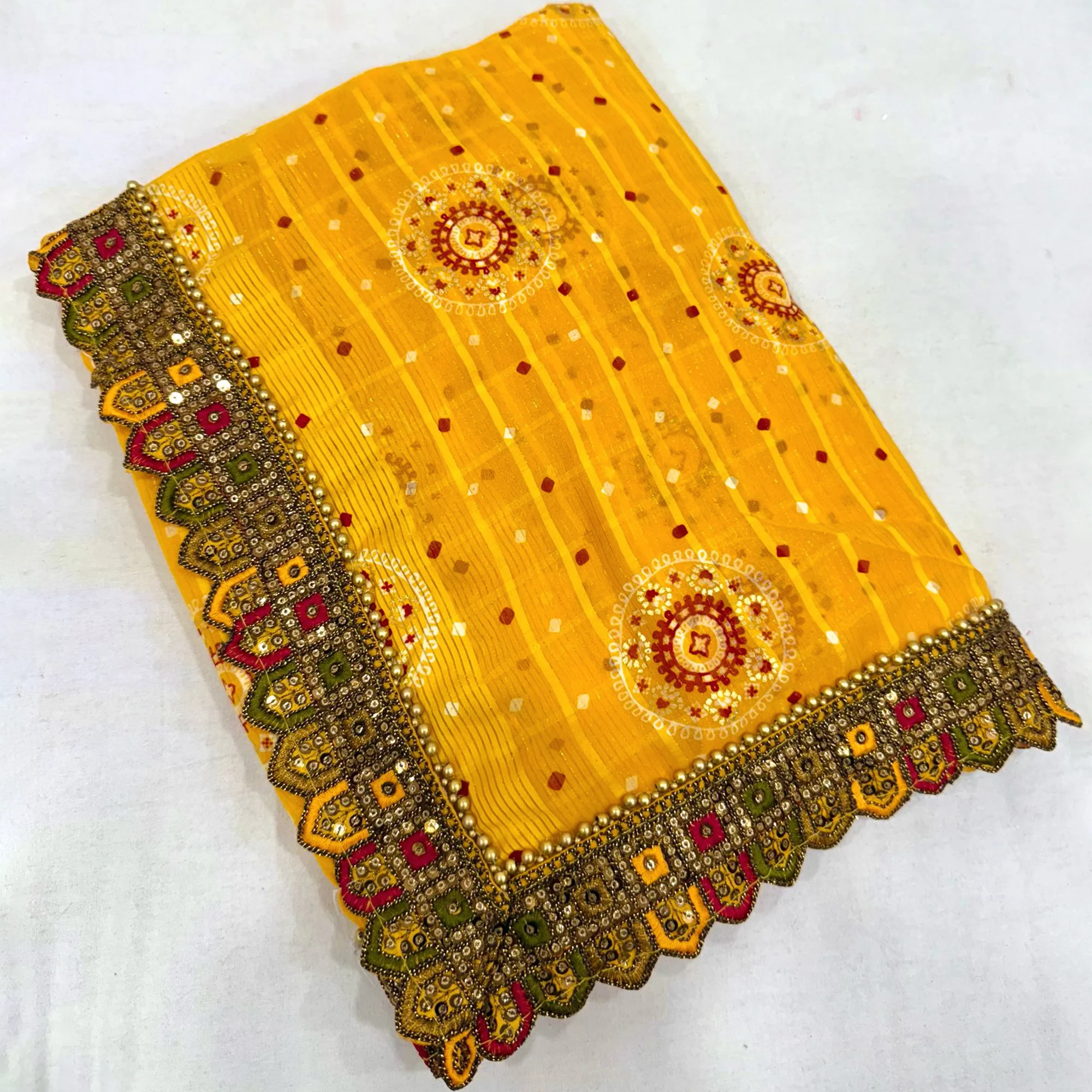 Yellow Bandhani Printed Georgette Saree for Festive Wear with Lace Detailing - Image 3