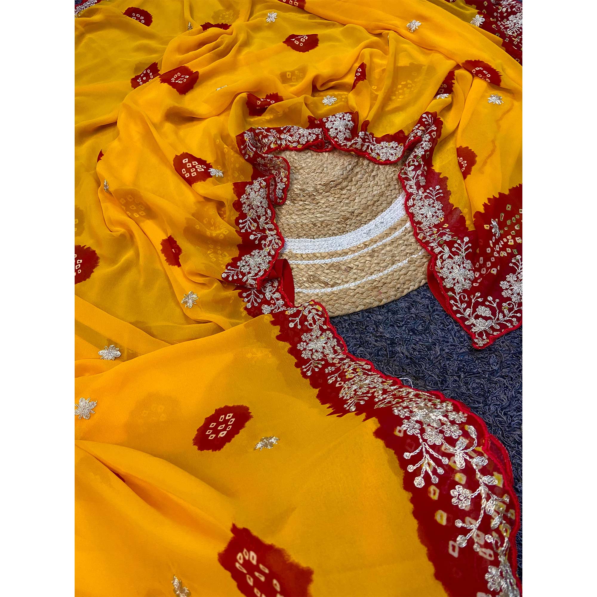 Yellow Bandhani Printed Georgette Saree With Embroidered Border - Image 10