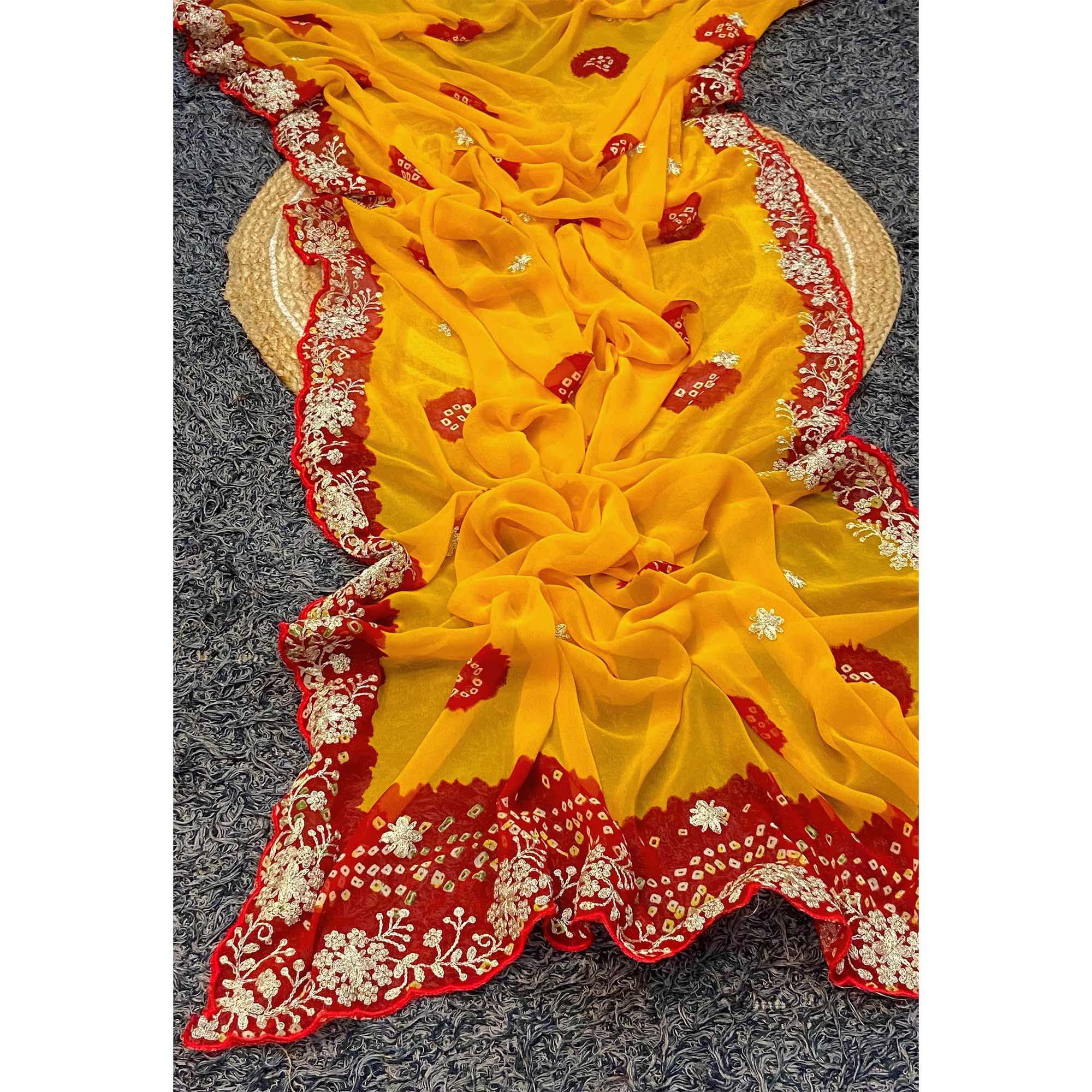 Yellow Bandhani Printed Georgette Saree With Embroidered Border - Image 6