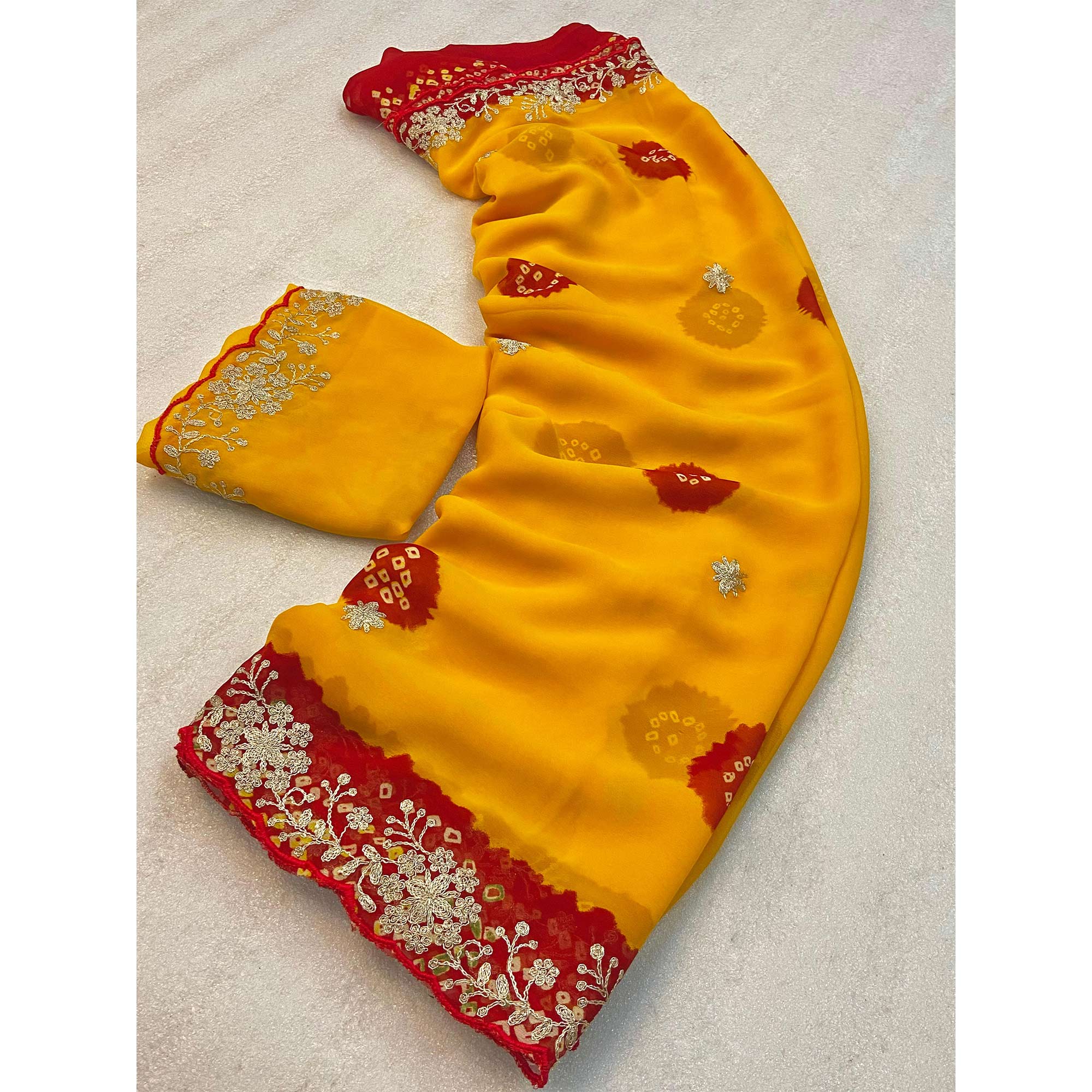 Yellow Bandhani Printed Georgette Saree With Embroidered Border - Image 8