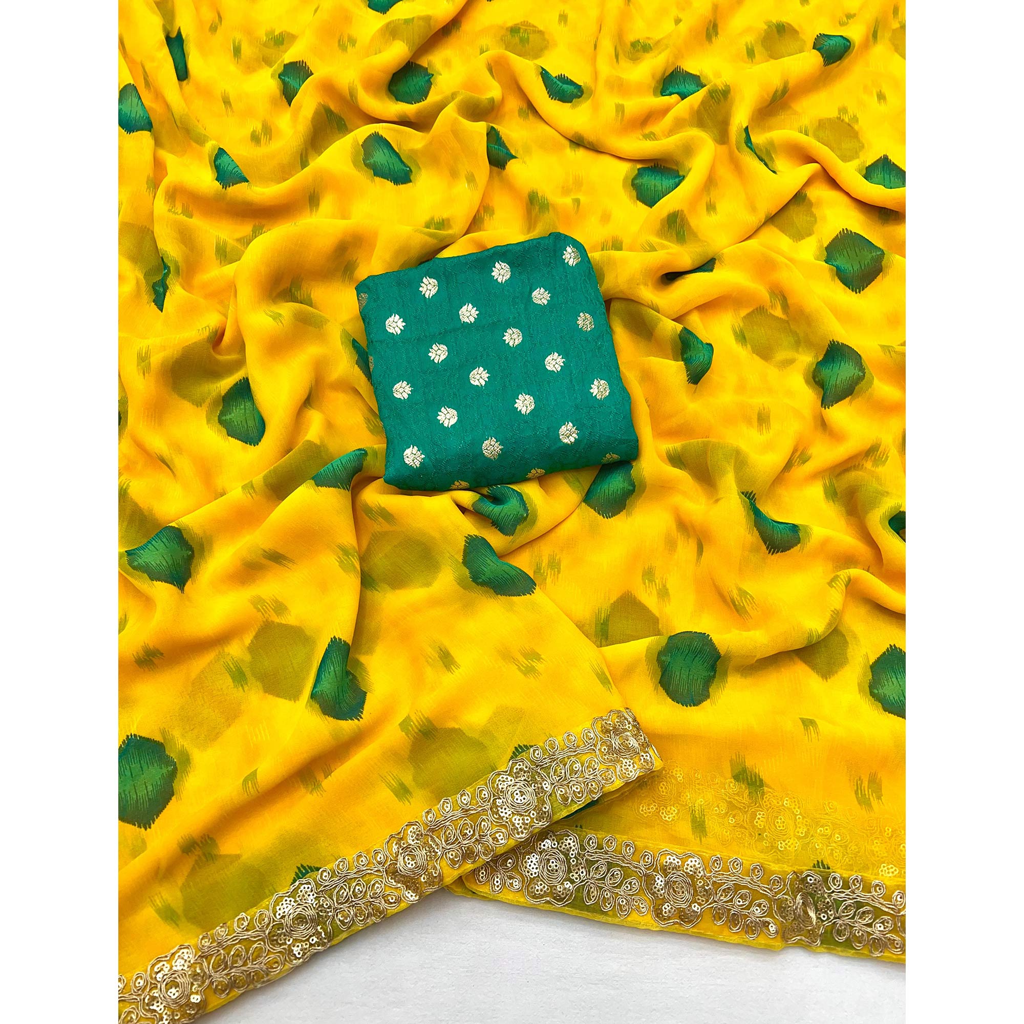 Yellow Bandhani Printed Georgette Saree With Sequins Border - Image 3