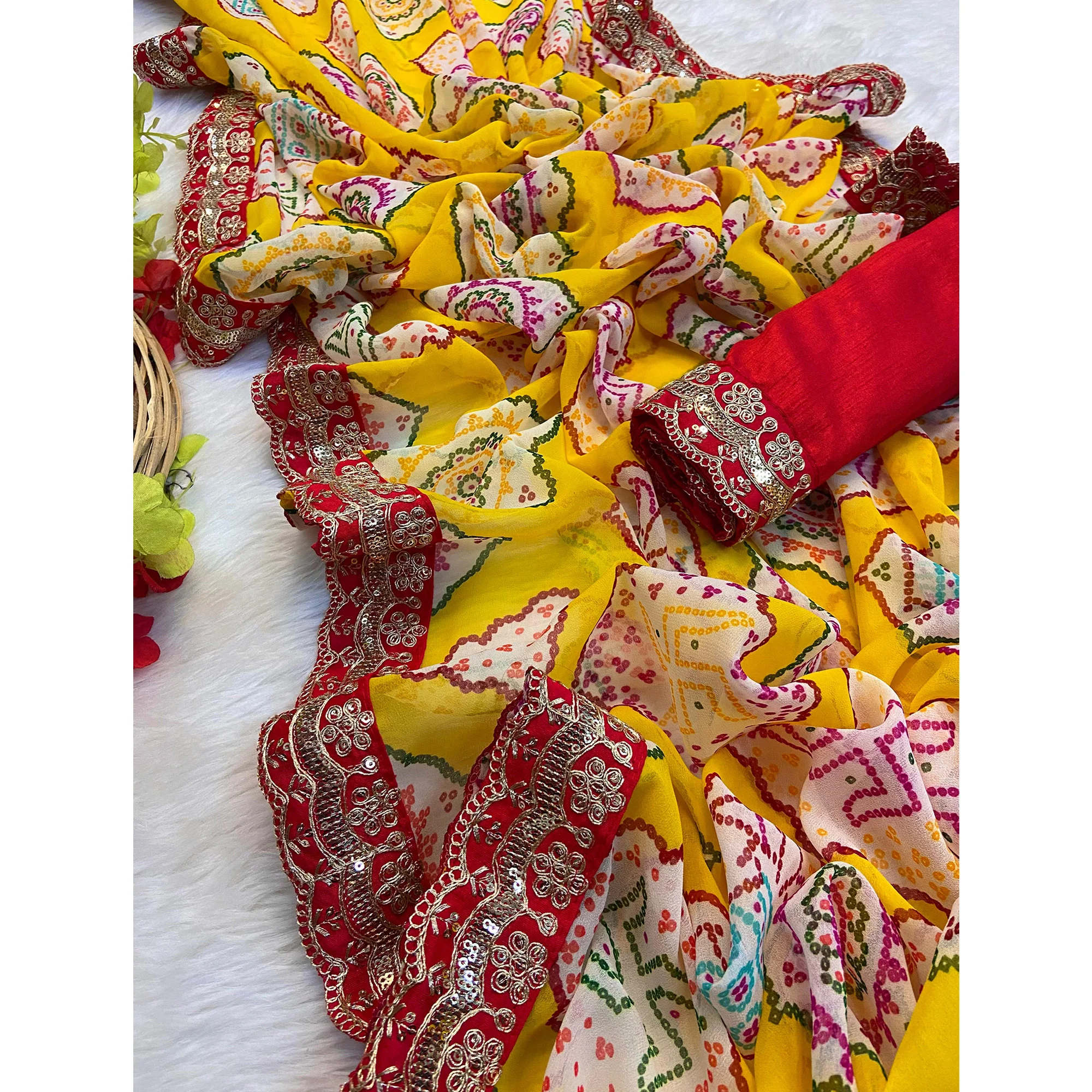 Yellow Bandhani Printed Georgette Saree With Sequins Embroidered Border - Image 6