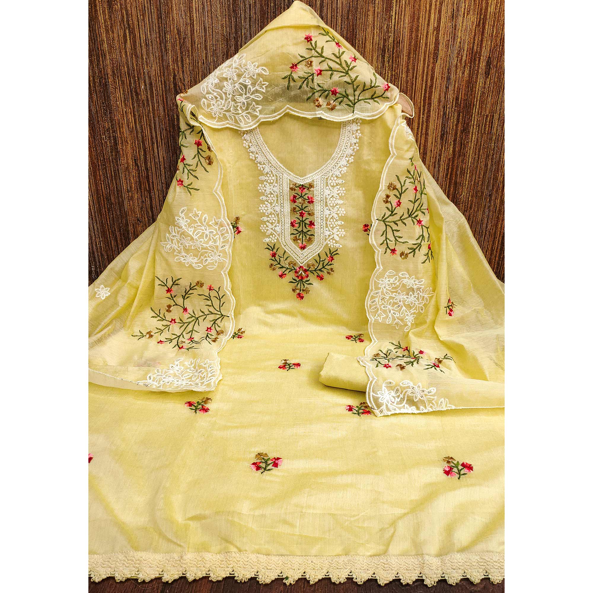 Yellow Chanderi Cotton Dress Material With Elegant Floral Sequin Embroidery - Image 3